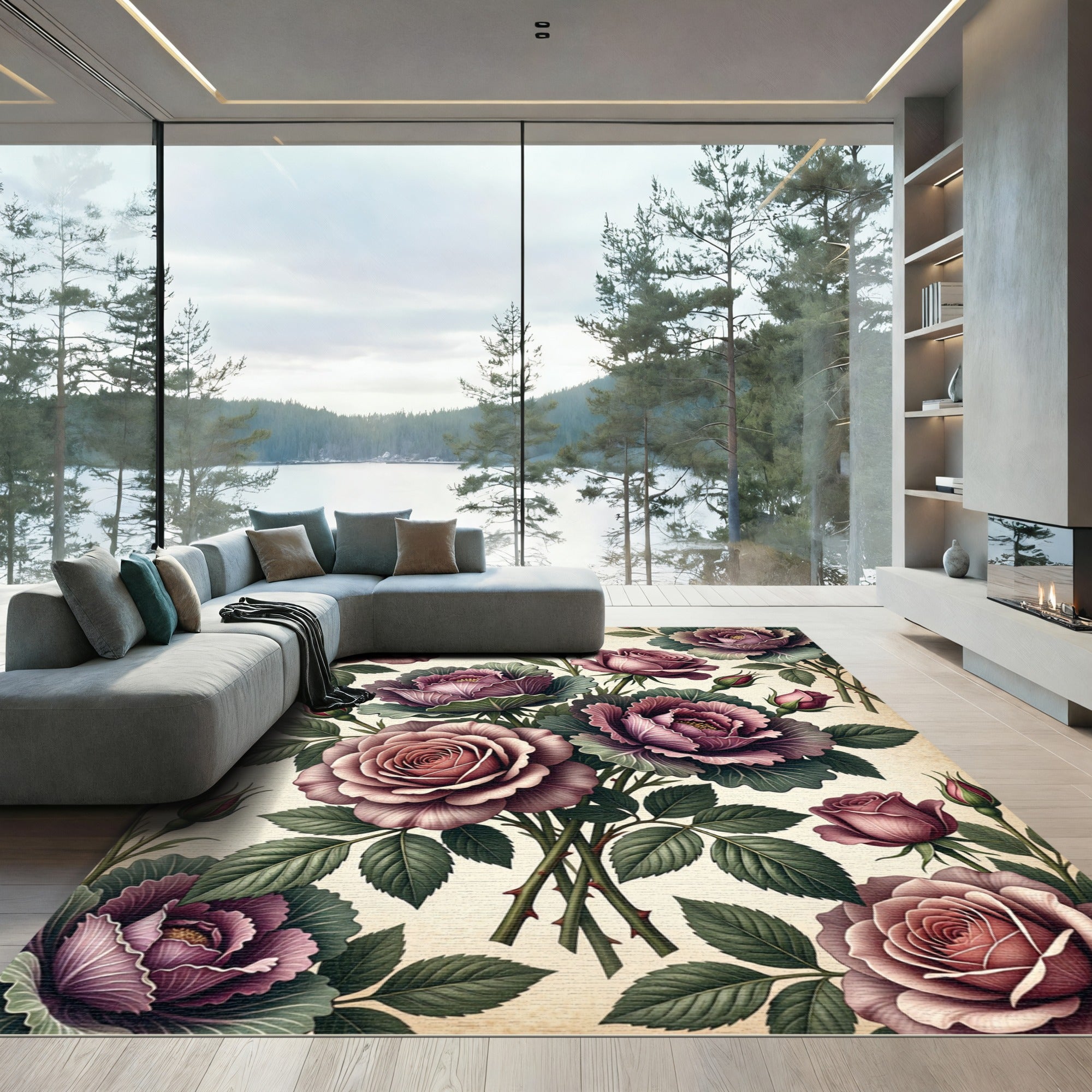 Vintage Mauve Rose Bouquet Floral Rug