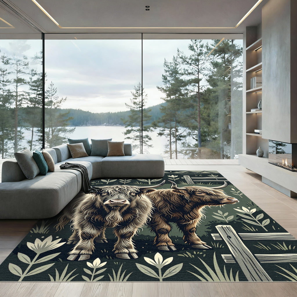 Rustic Highland Cattle Botanical Forest Meadow Rug