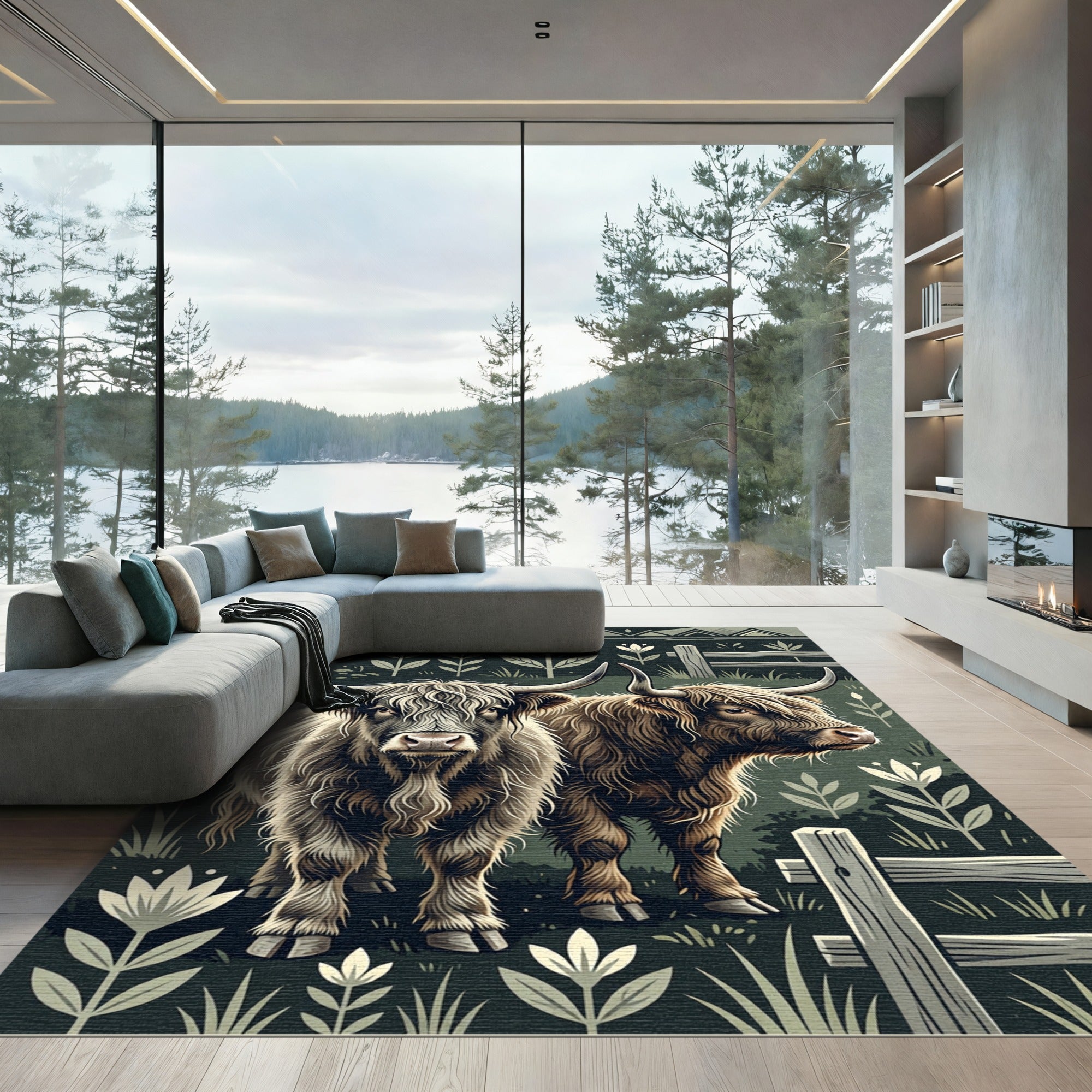 Rustic Highland Cattle Botanical Forest Meadow Rug