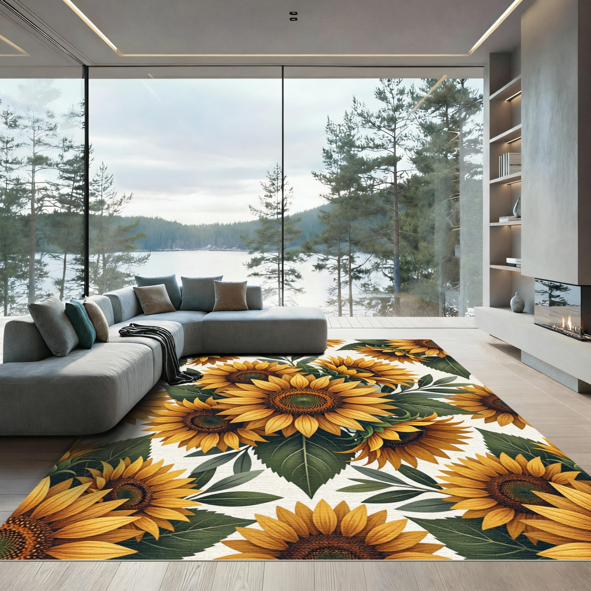 Lush Golden Sunflower Botanical Arrangement Rug