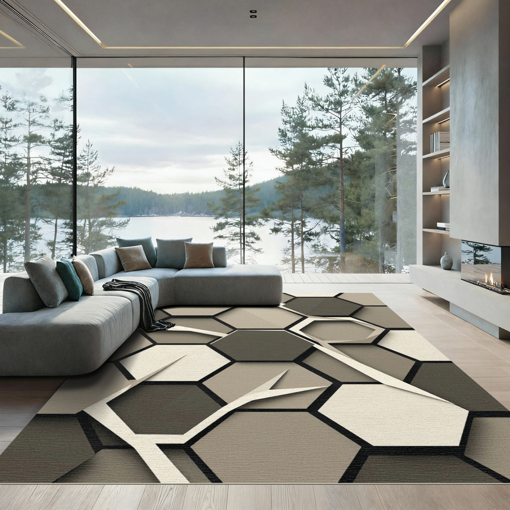 Neutral Toned Hexagonal Overlay Rug