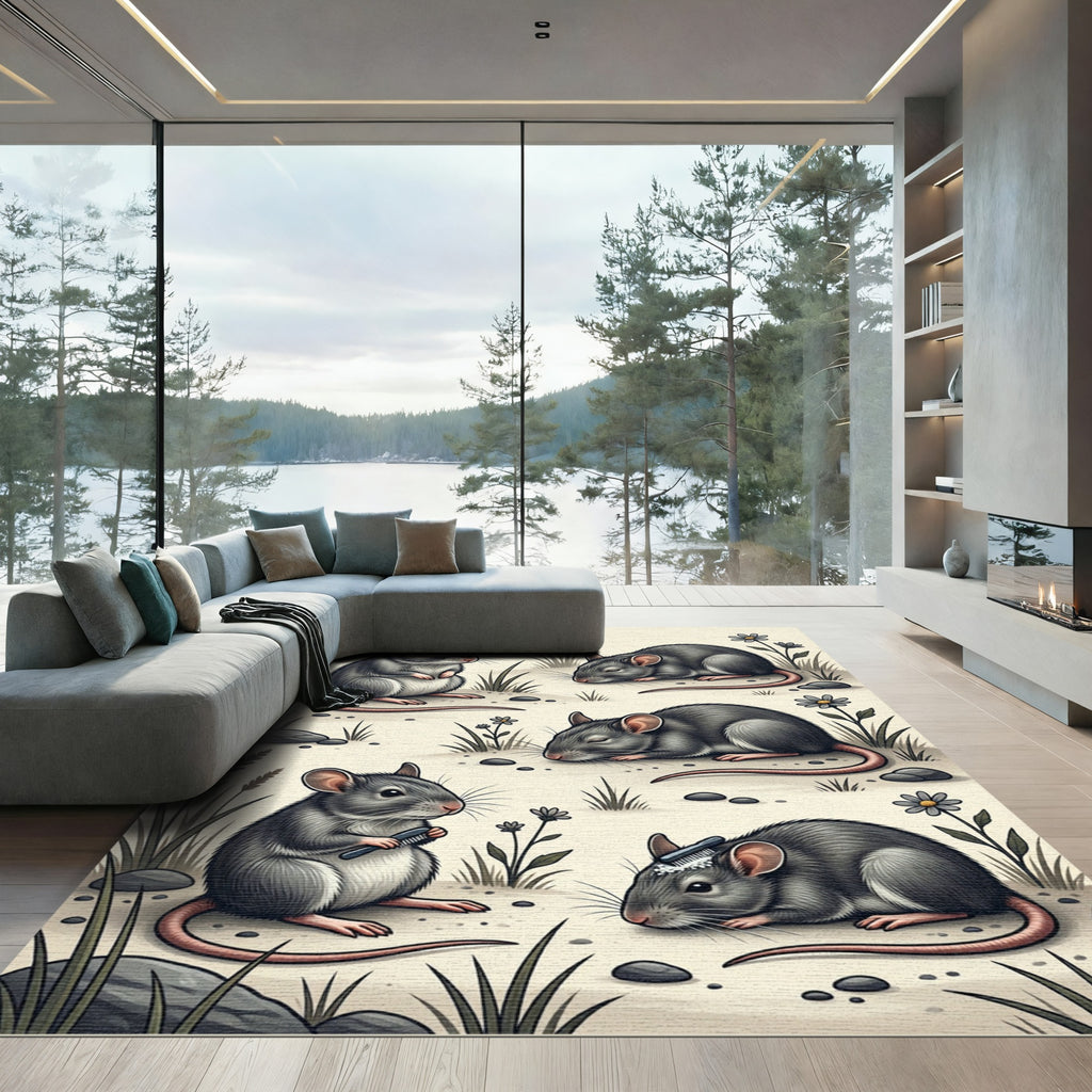 Whimsical Gray Mouse Meadow Illustration Rug