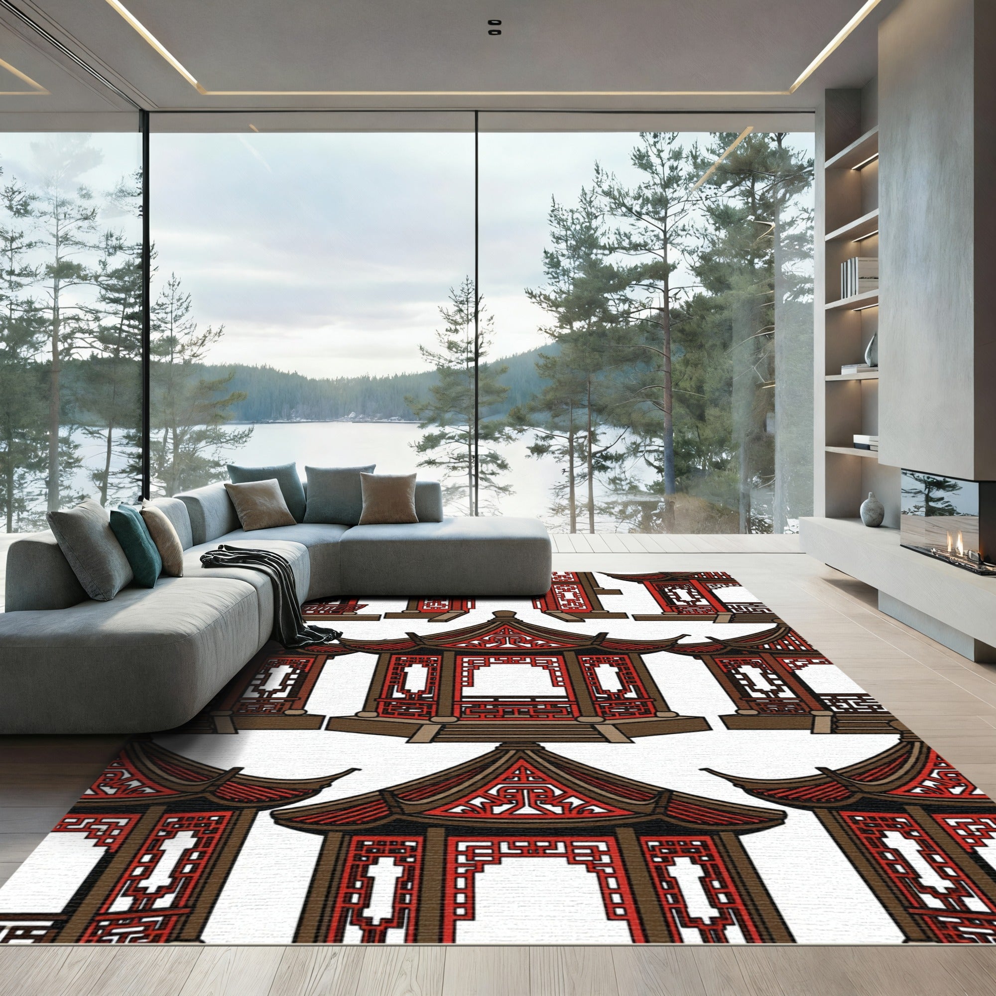 Red Brown Pagoda Architecture Pattern Rug