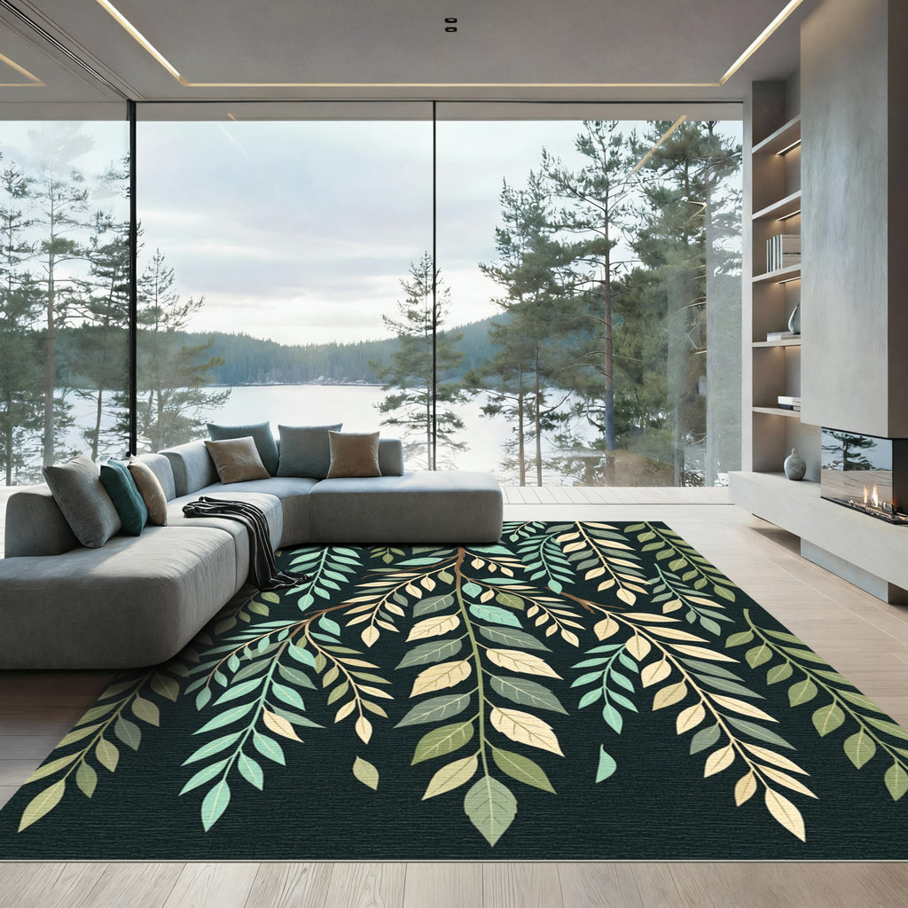 Lush Green Botanical Willow Leaf Art Rug
