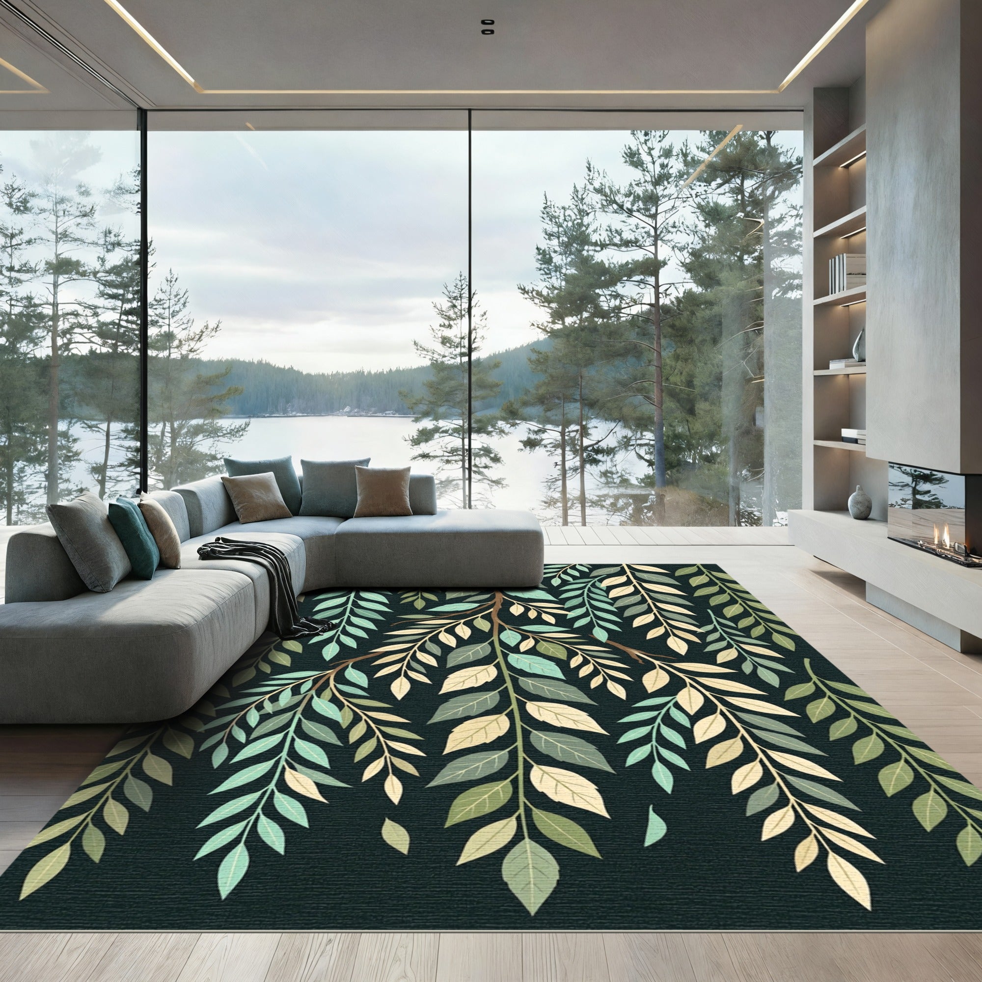Lush Green Botanical Willow Leaf Art Rug