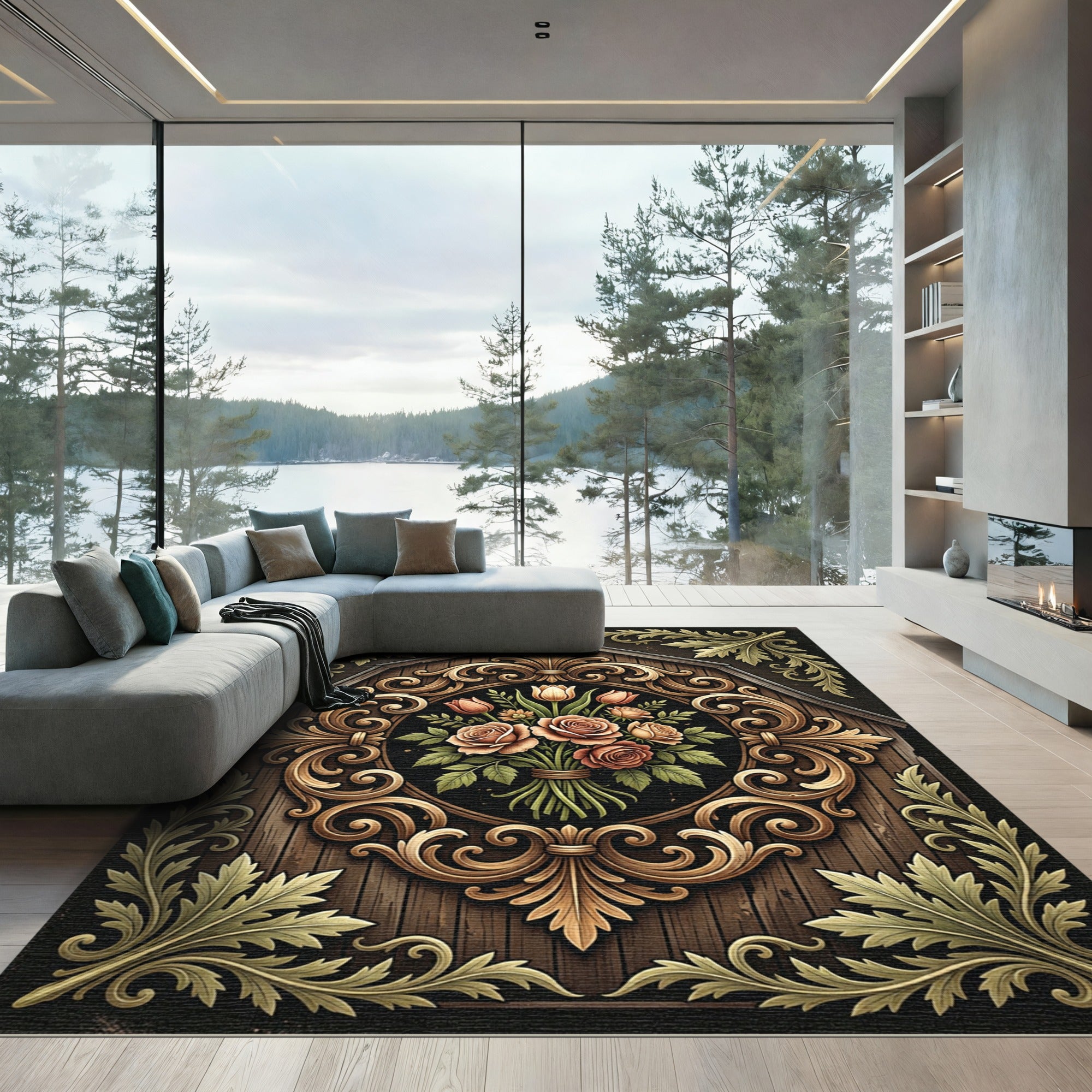 Ornate Golden Floral Bouquet Medallion Rug
