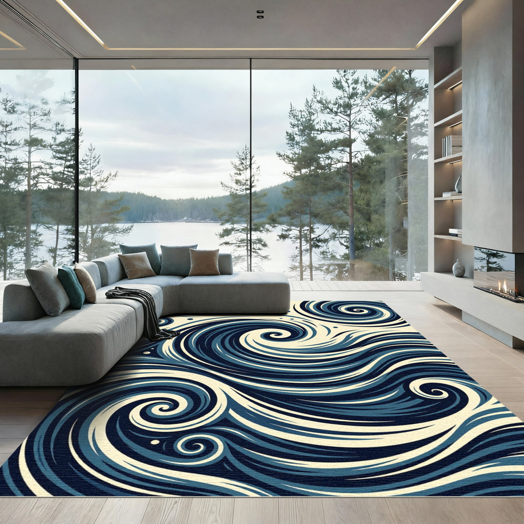 Deep Blue Swirls Ocean Wave Rug