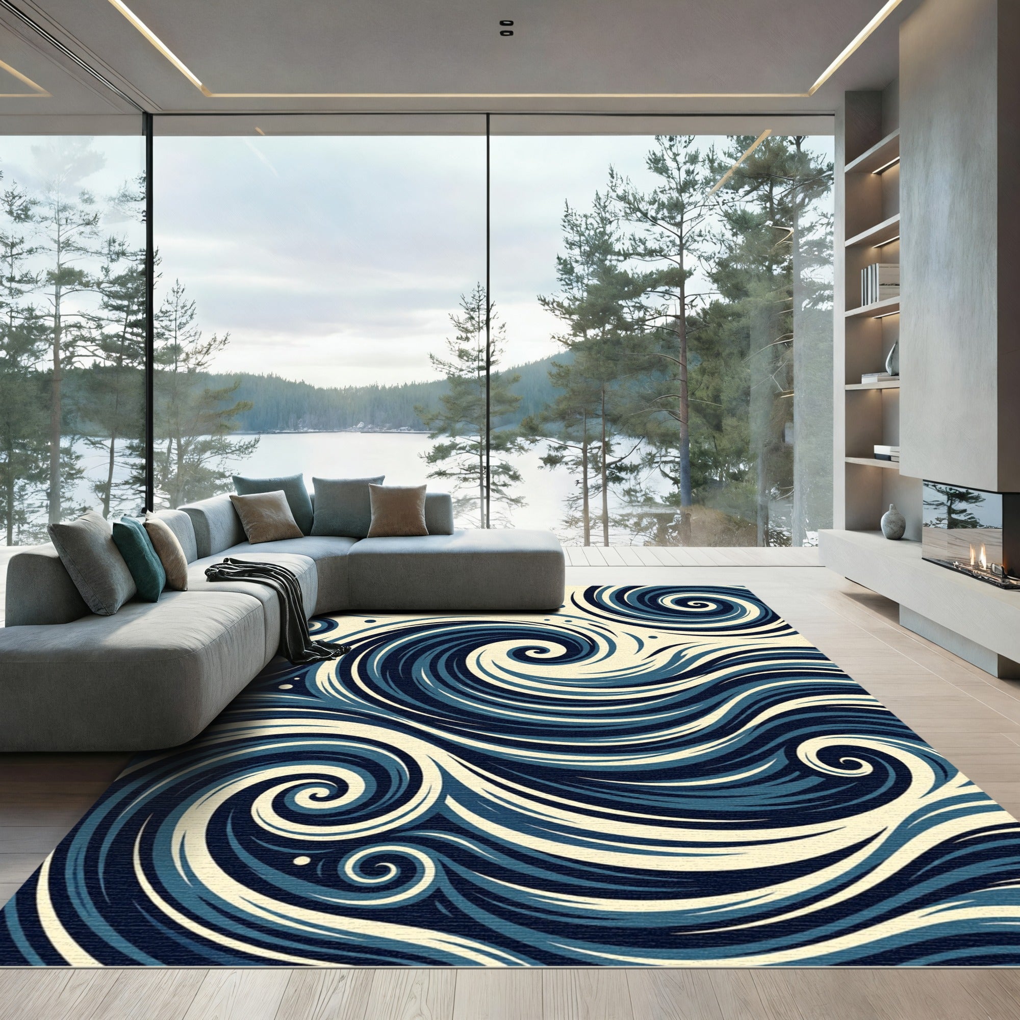 Deep Blue Swirls Ocean Wave Rug