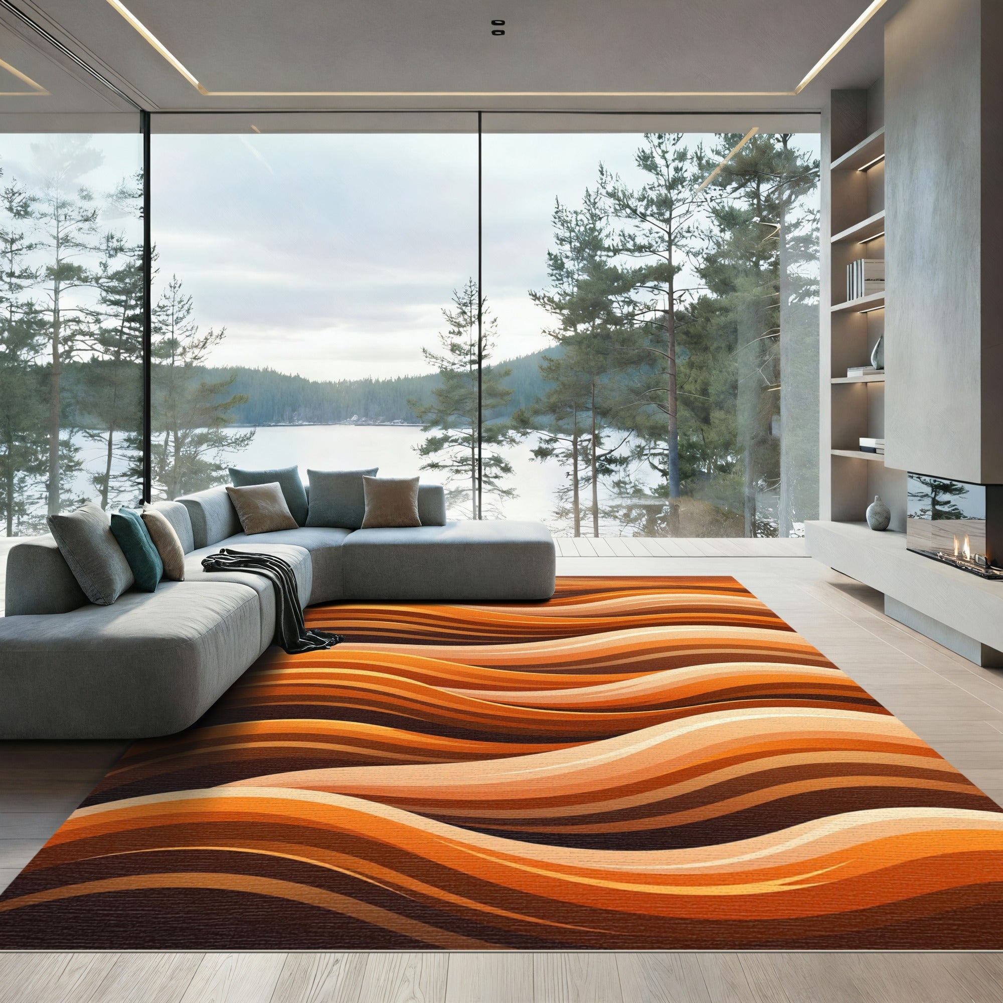 Warm Amber Gradient Ripples Rug