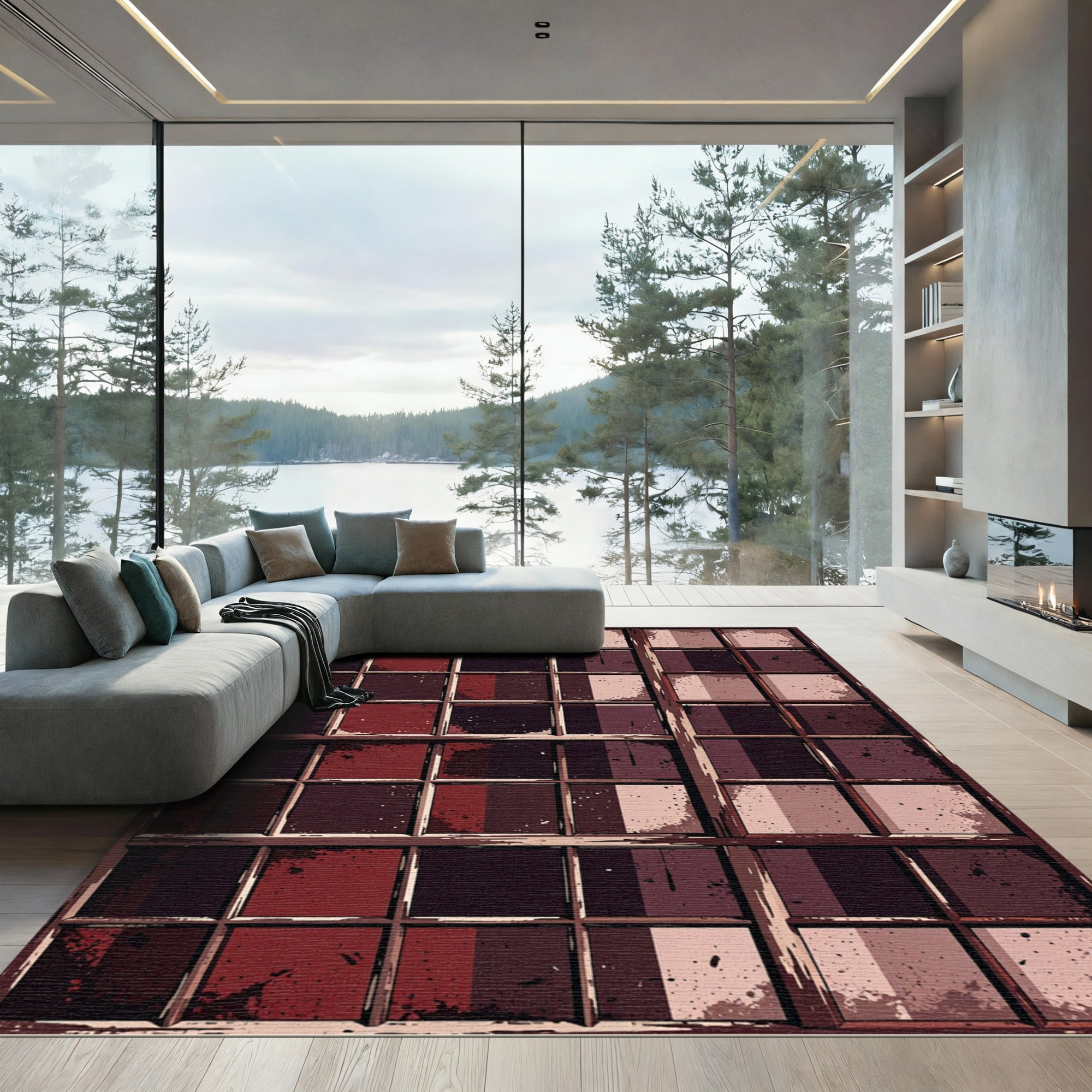 Dark Burgundy Grid Windowpane Abstract Rug
