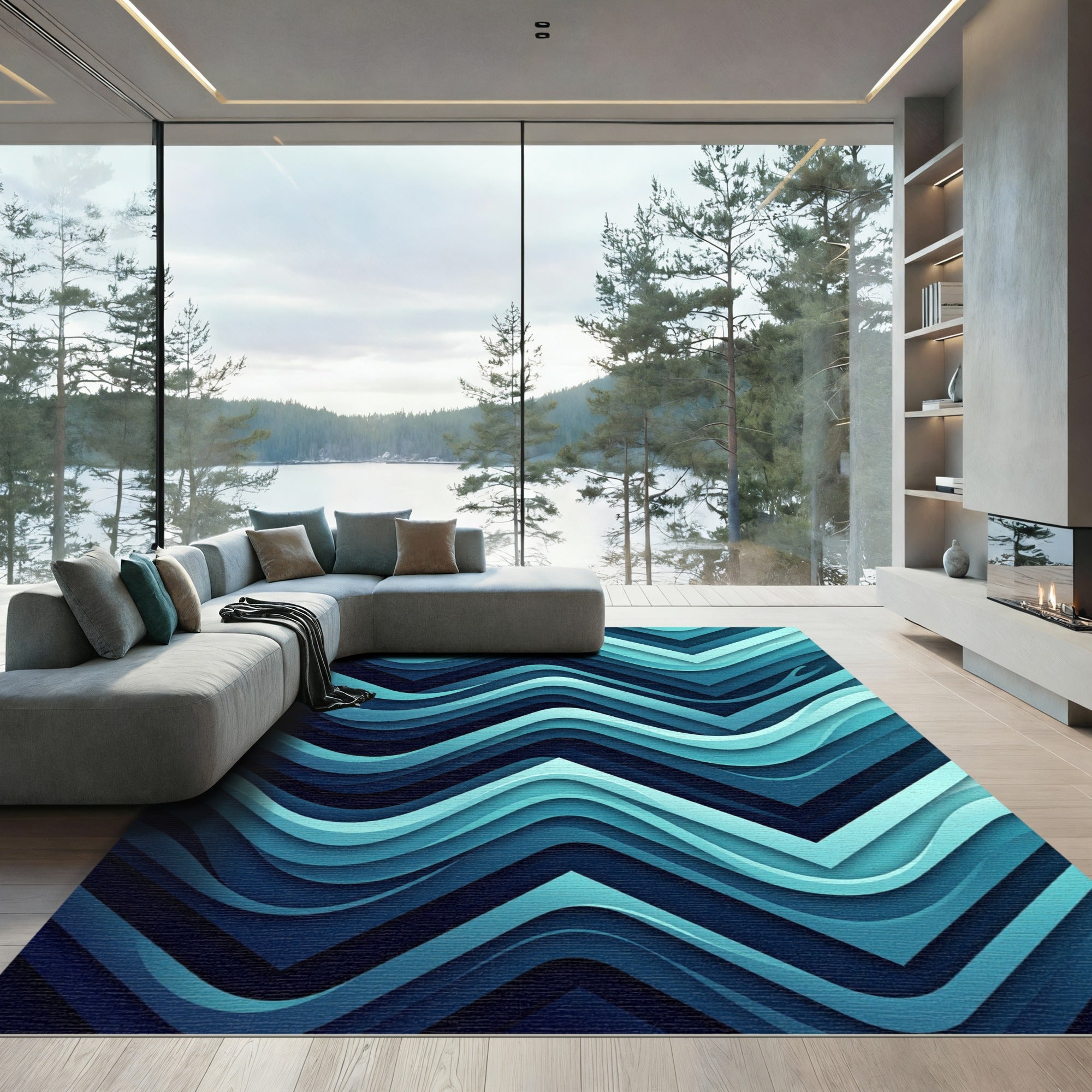 Deep Teal Wave Chevron Rug