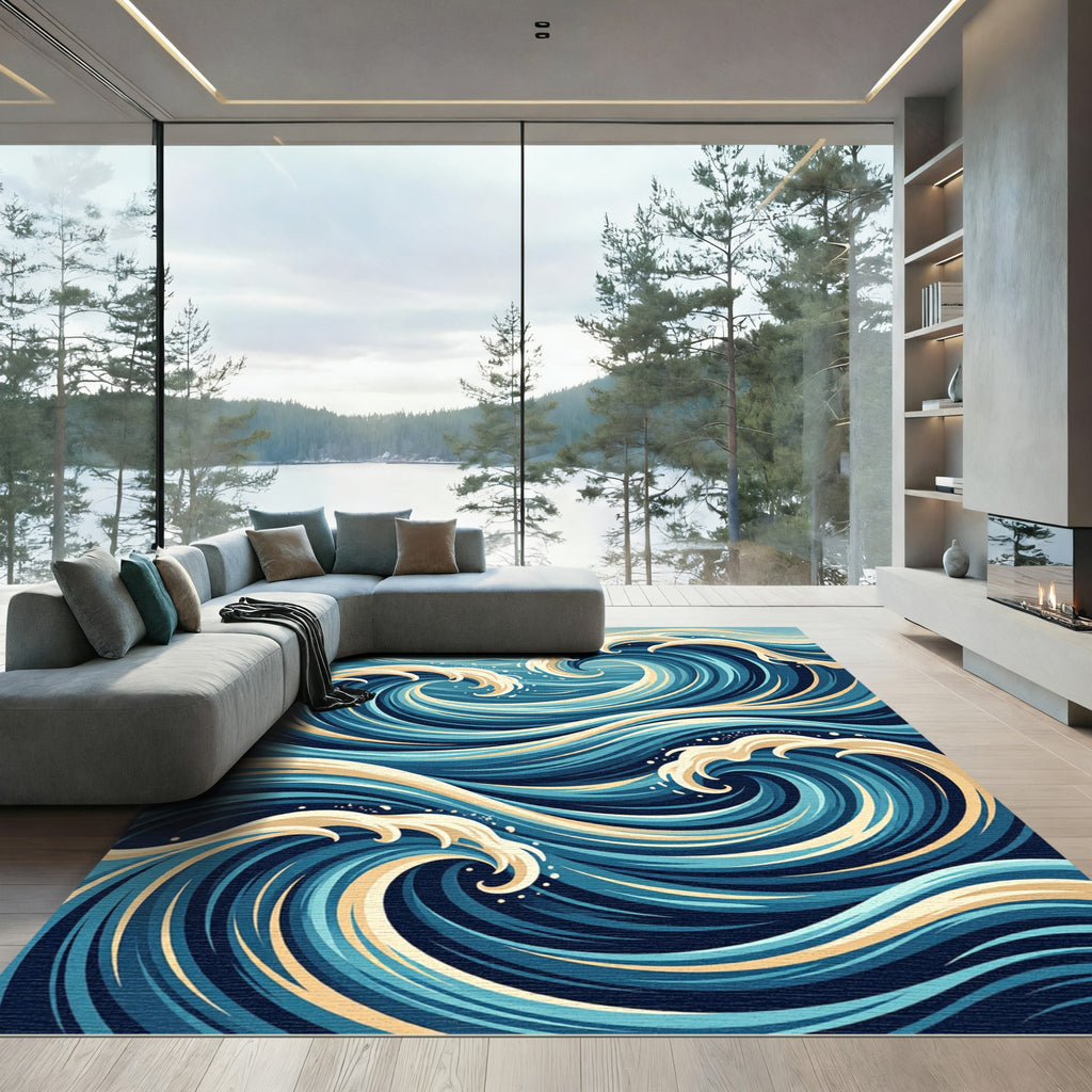 Dynamic Navy Swirling Wave Ocean Rug