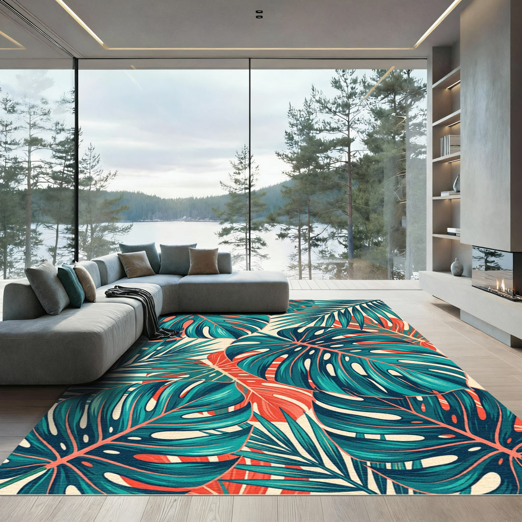 Tropical Teal and Coral Monstera Leaf Rug