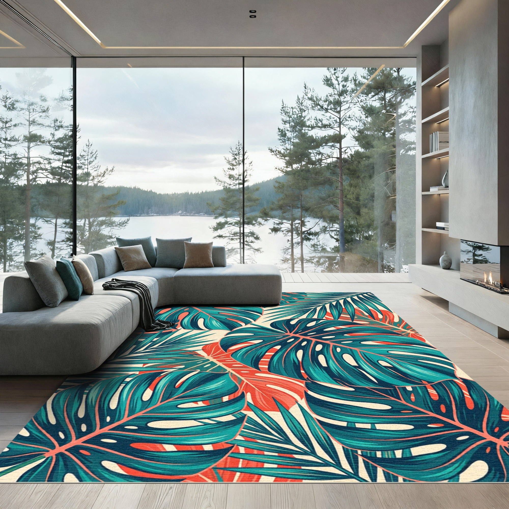 Tropical Teal and Coral Monstera Leaf Rug