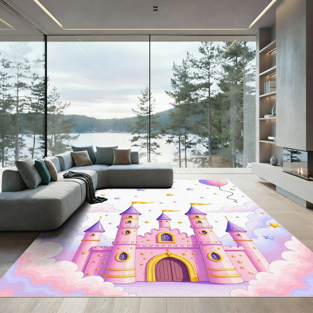 Pink Castle Clouds Stars Balloons Rug