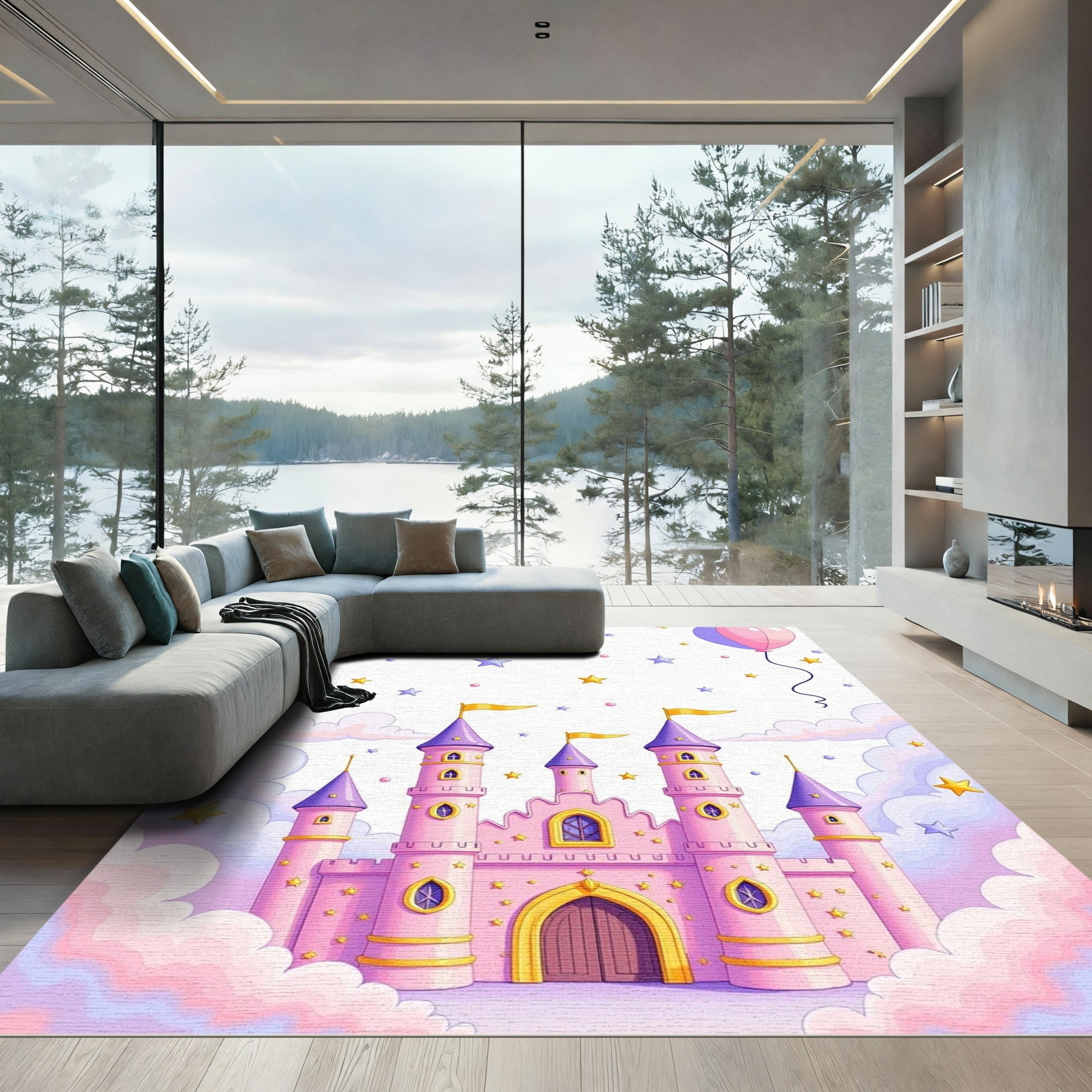 Pink Castle Clouds Stars Balloons Rug