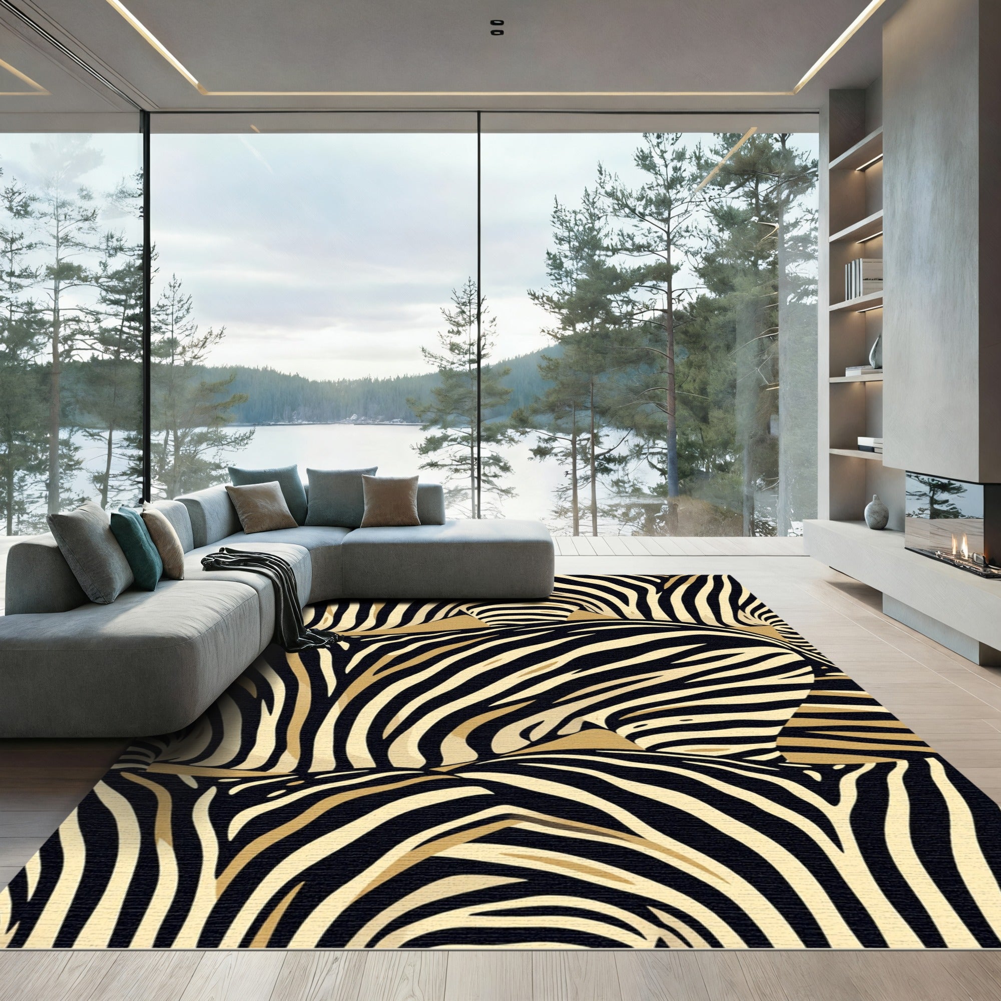 Golden Black Zebra Stripes Abstract Rug