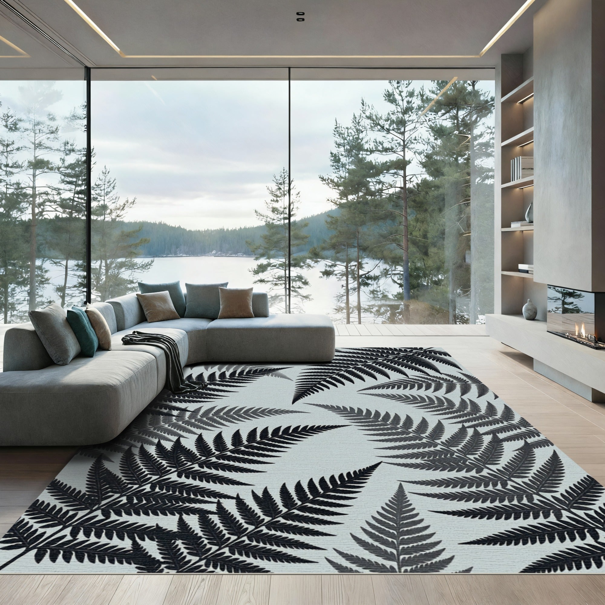 Dark Fern Leaves Scatter Gray Rug
