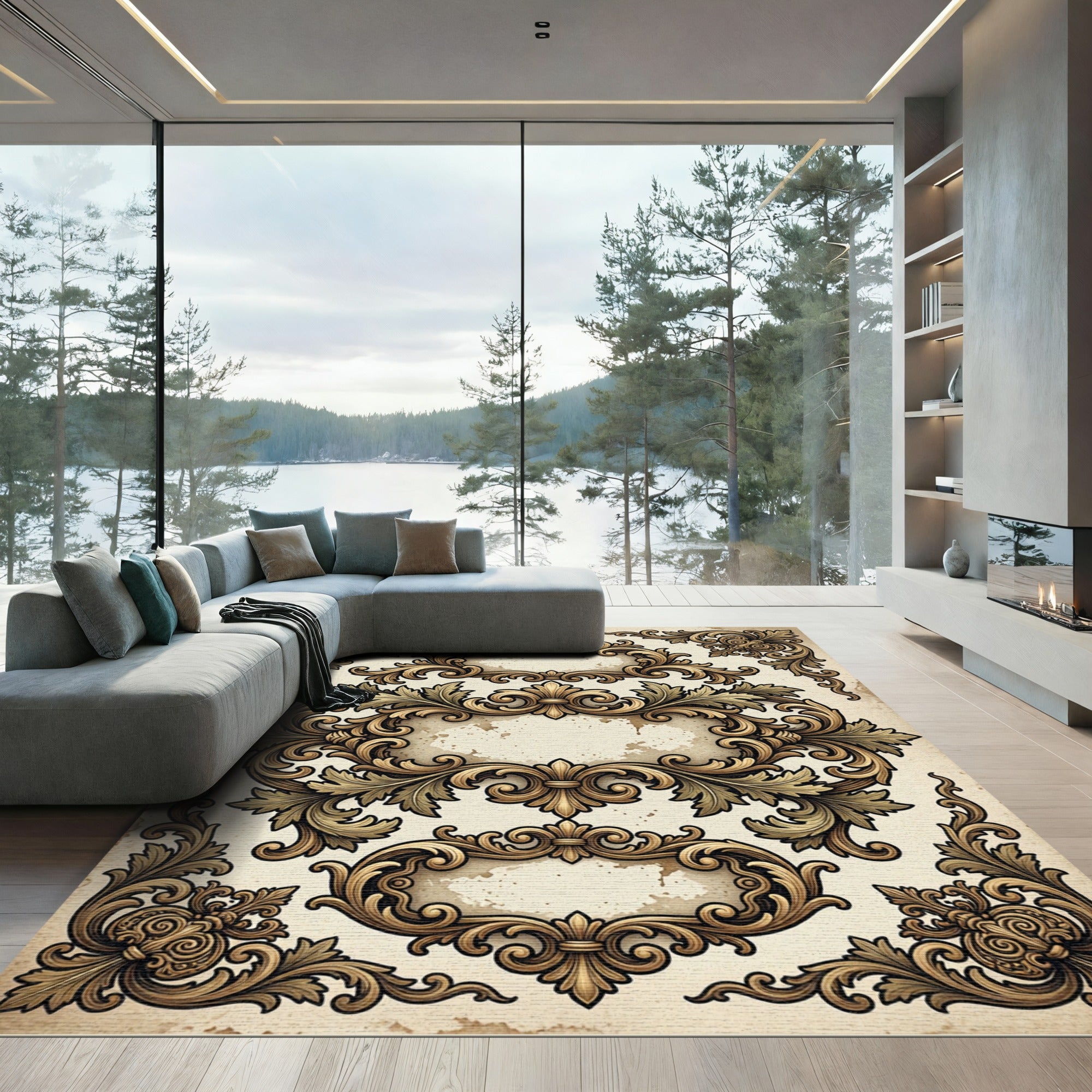 Ornate Gold Leaf Scrollwork Frames Rug