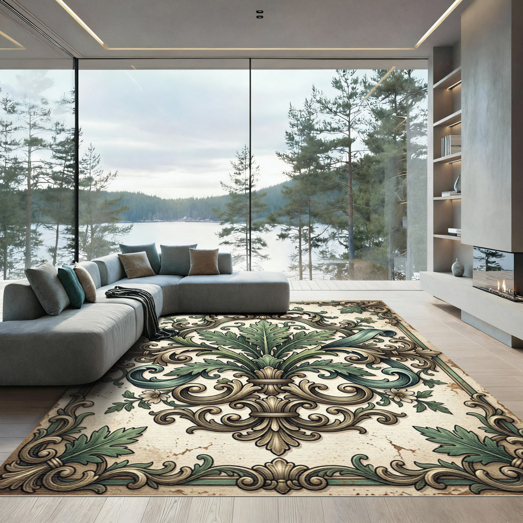 Ornate Sage Green Acanthus Foliage Rug