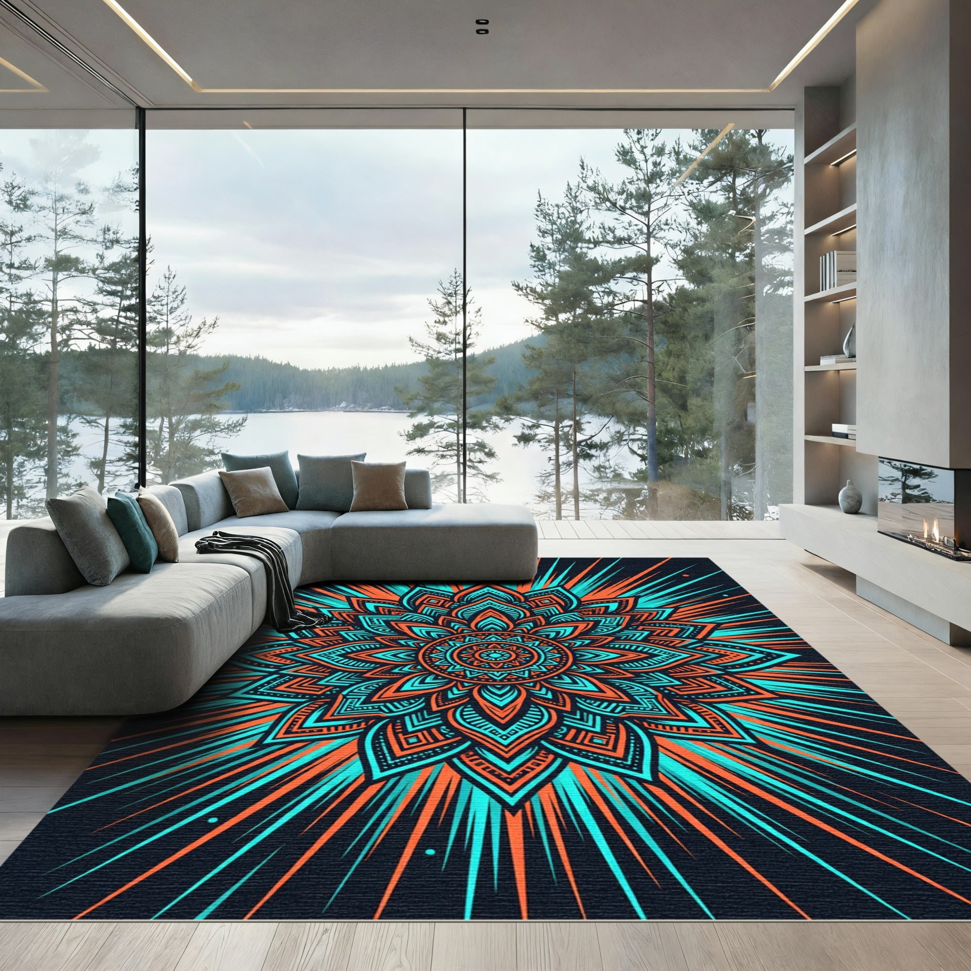 Radiant Teal Orange Mandala Bloom Rug