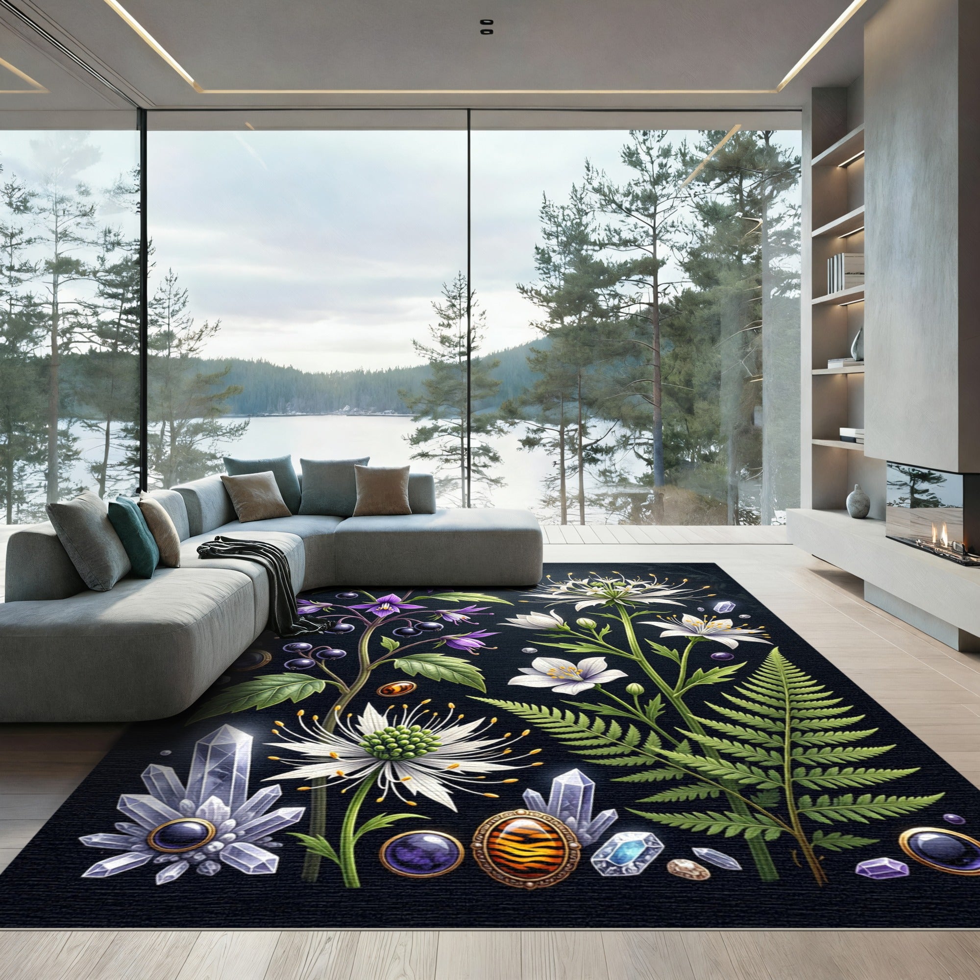 Gothic Floral Crystal Botanical Illustration Rug
