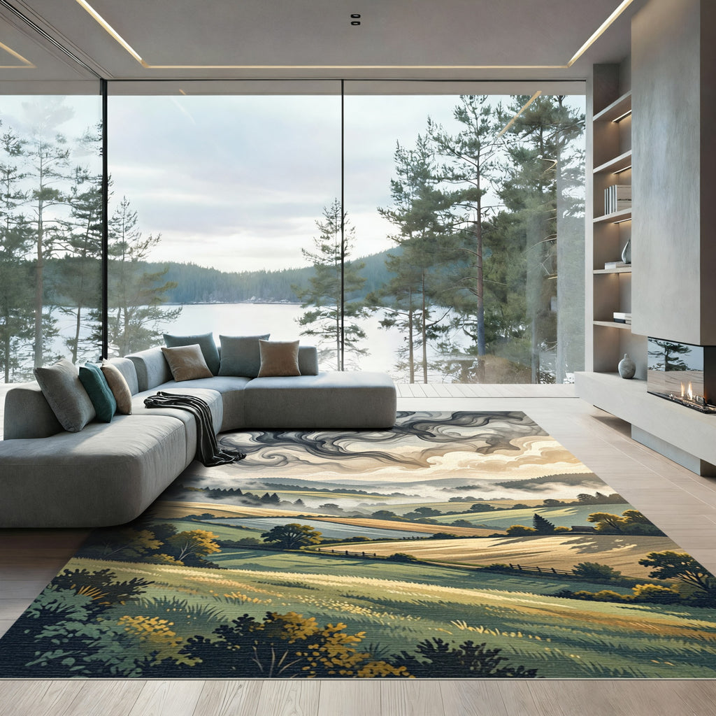 Dramatic Smoky Clouds Over Rolling Hills Rug