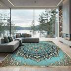 Ornate Teal Cream Filigree Medallion Rug