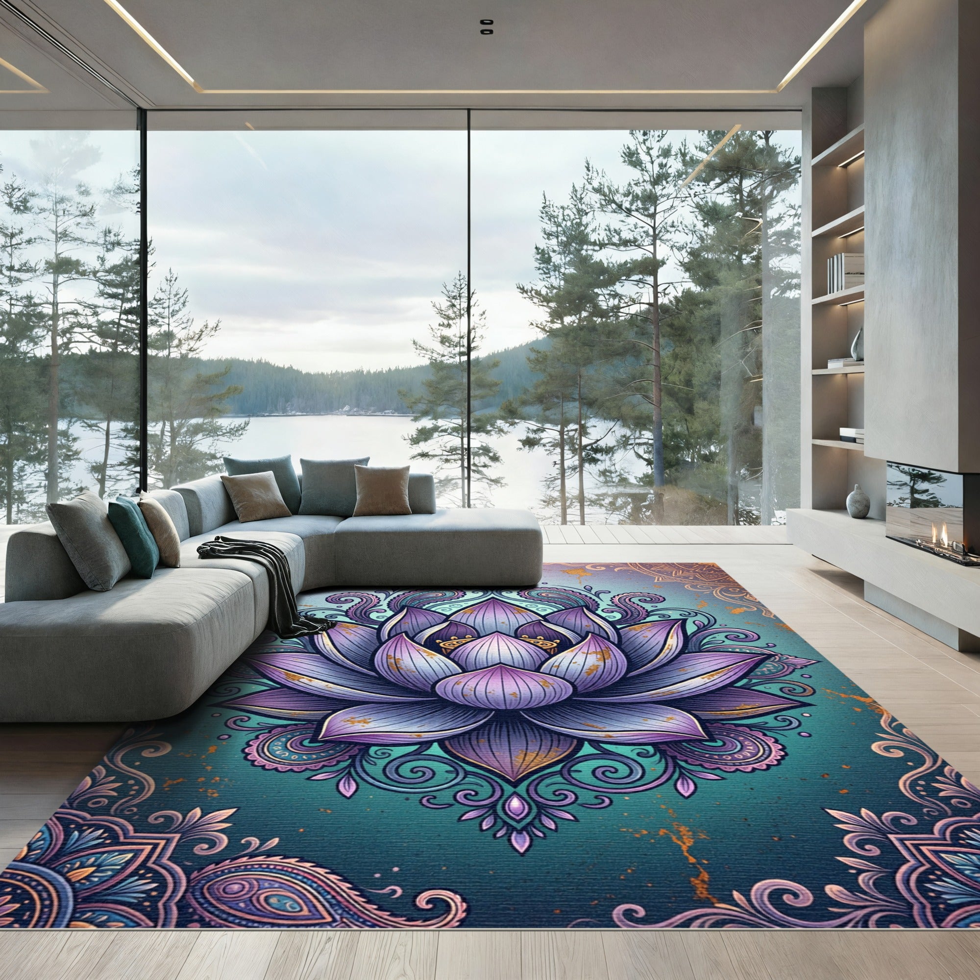 Ethereal Violet Lotus Mandala Art Rug