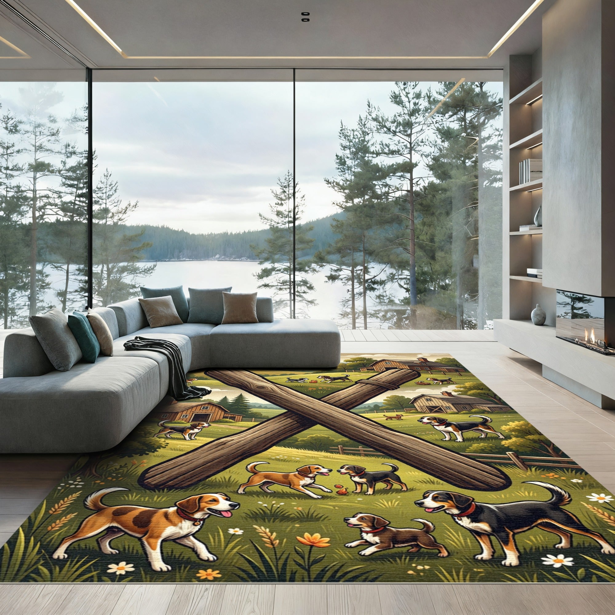 Rustic Country Farmhouse Beagle Landscape Rug