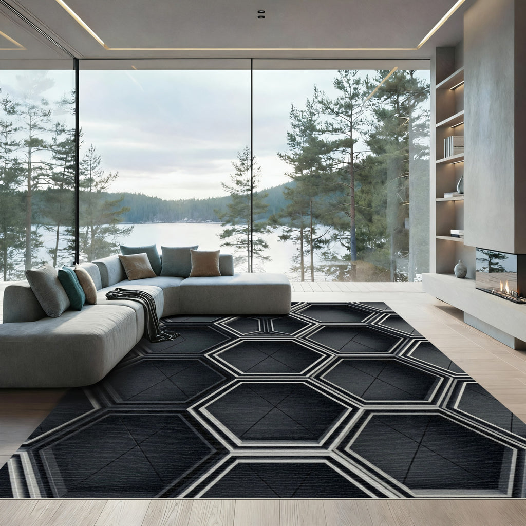 Dark Gray Geometric Hexagonal Stacks Rug
