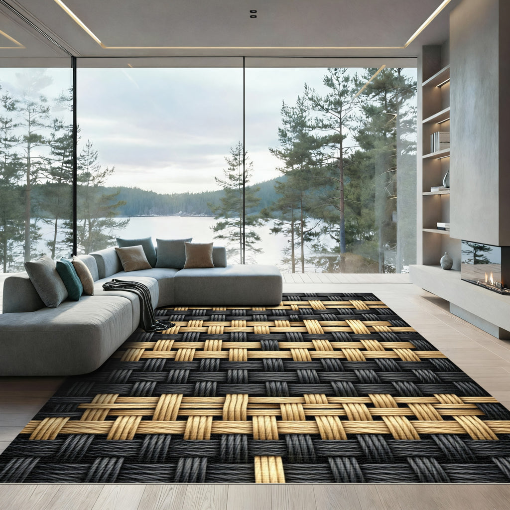 Black and Beige Woven Basket Texture Rug