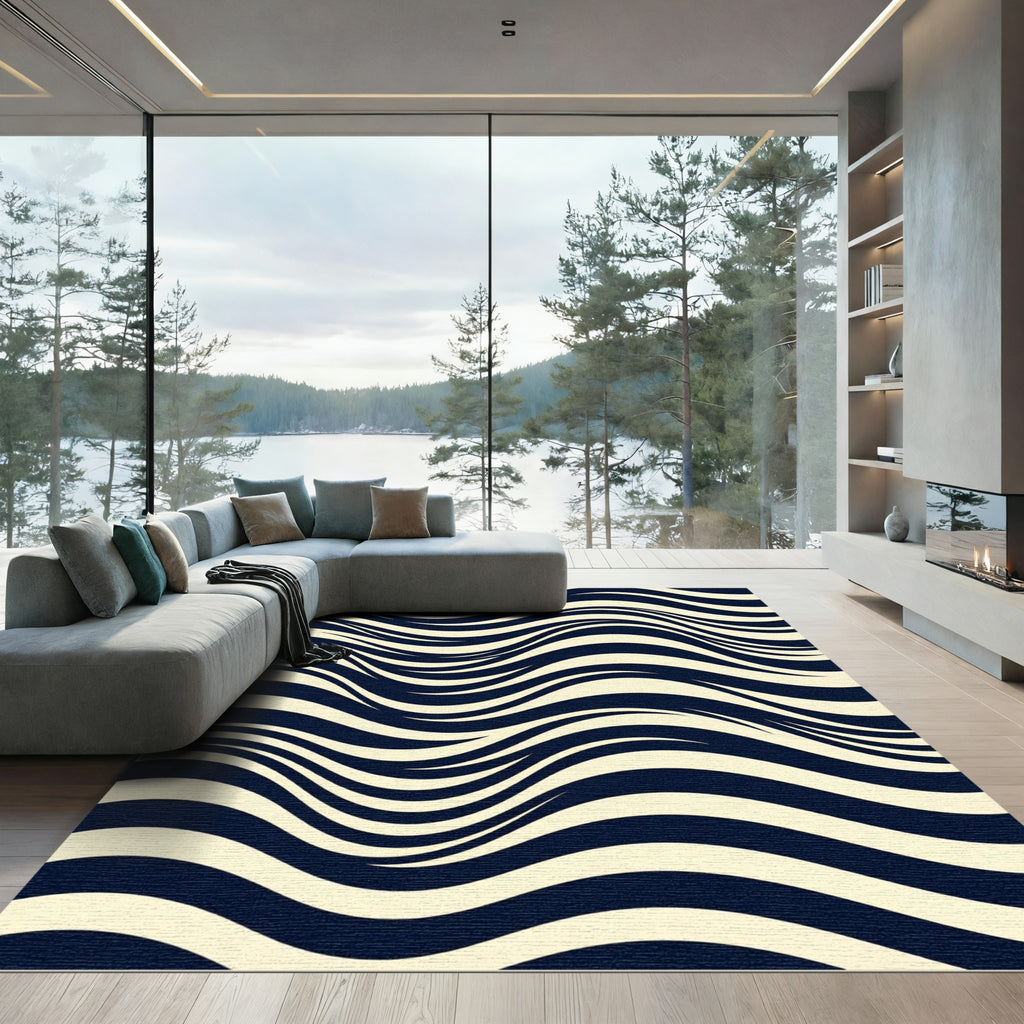 Modern Navy and Cream Wavy Stripe Rug