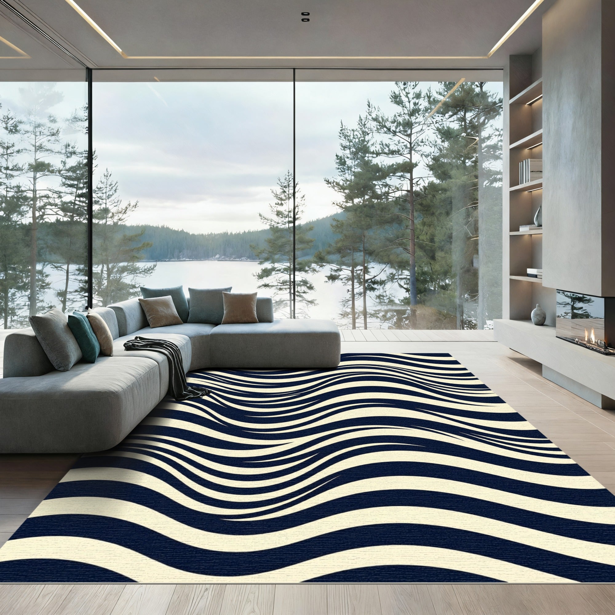 Modern Navy and Cream Wavy Stripe Rug