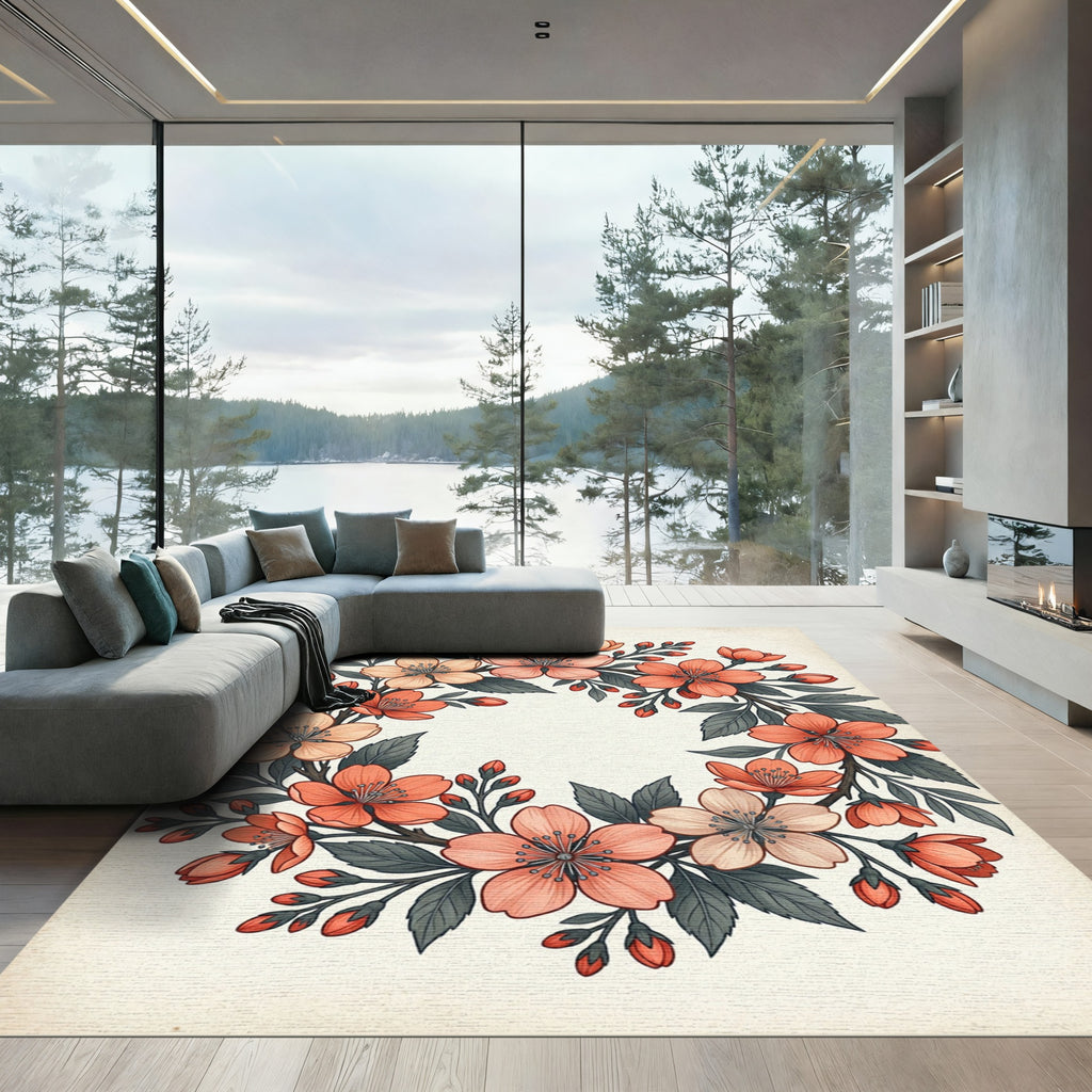 Blush Peach Spring Sakura Wreath Rug