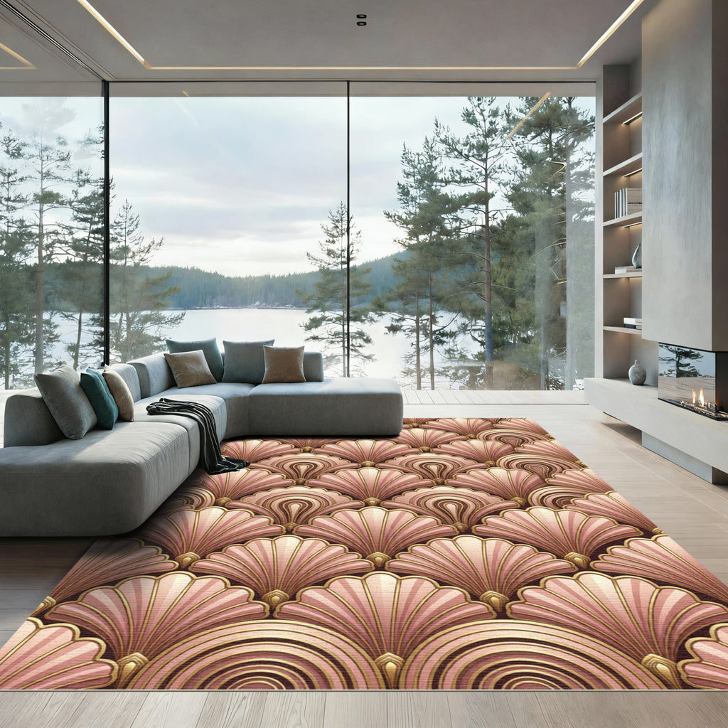 Art Deco Pink Gold Fan Pattern Rug