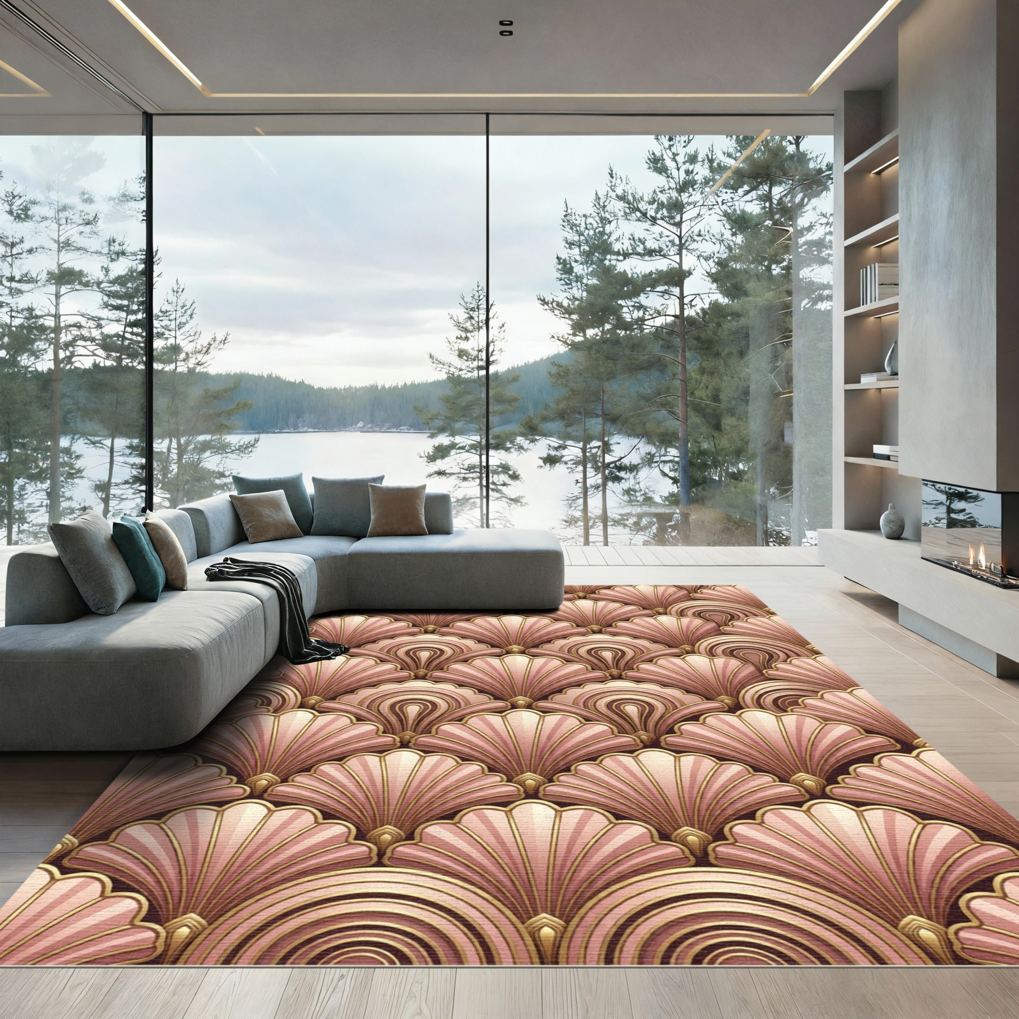Art Deco Pink Gold Fan Pattern Rug