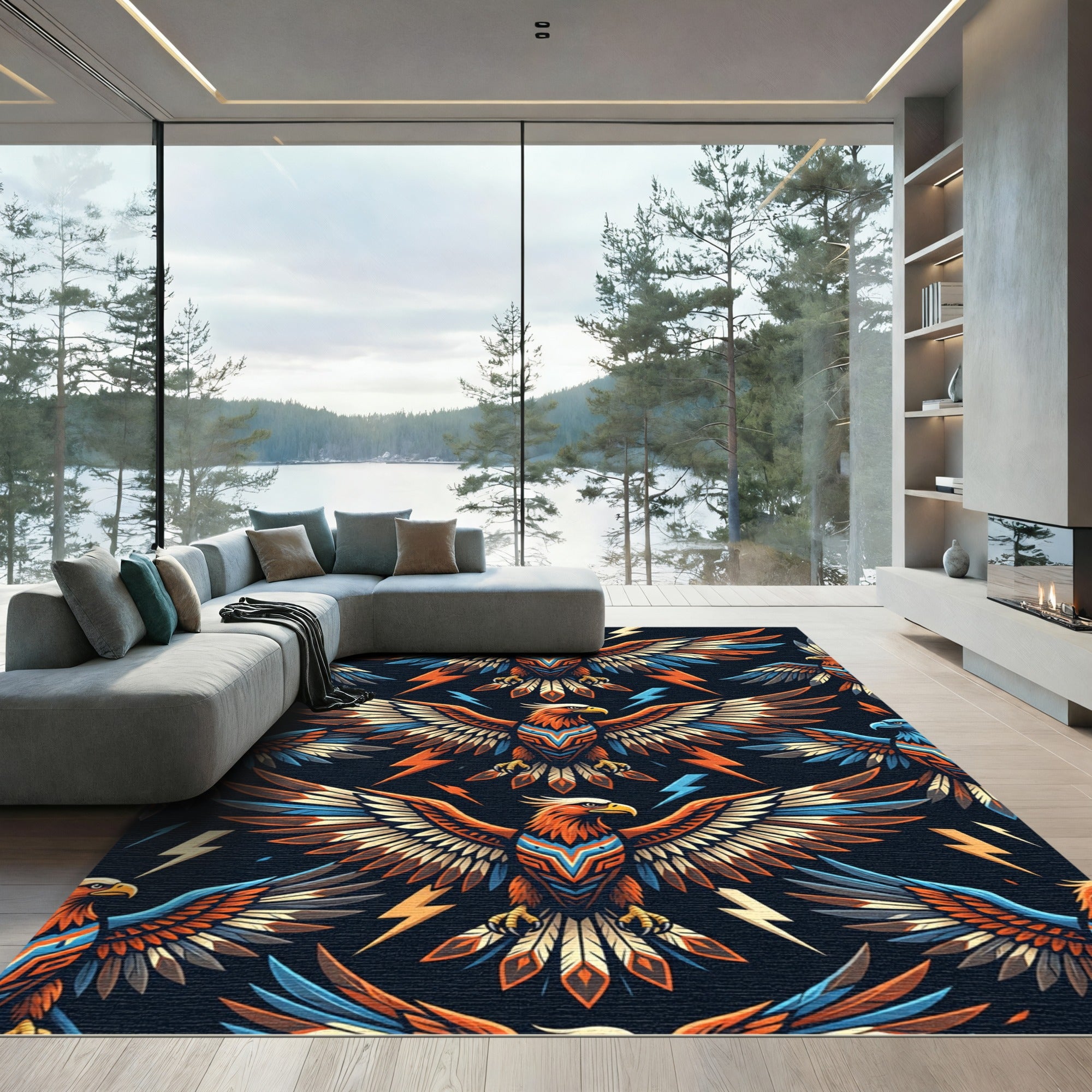 Vibrant Geometric Electric Eagle Art Rug