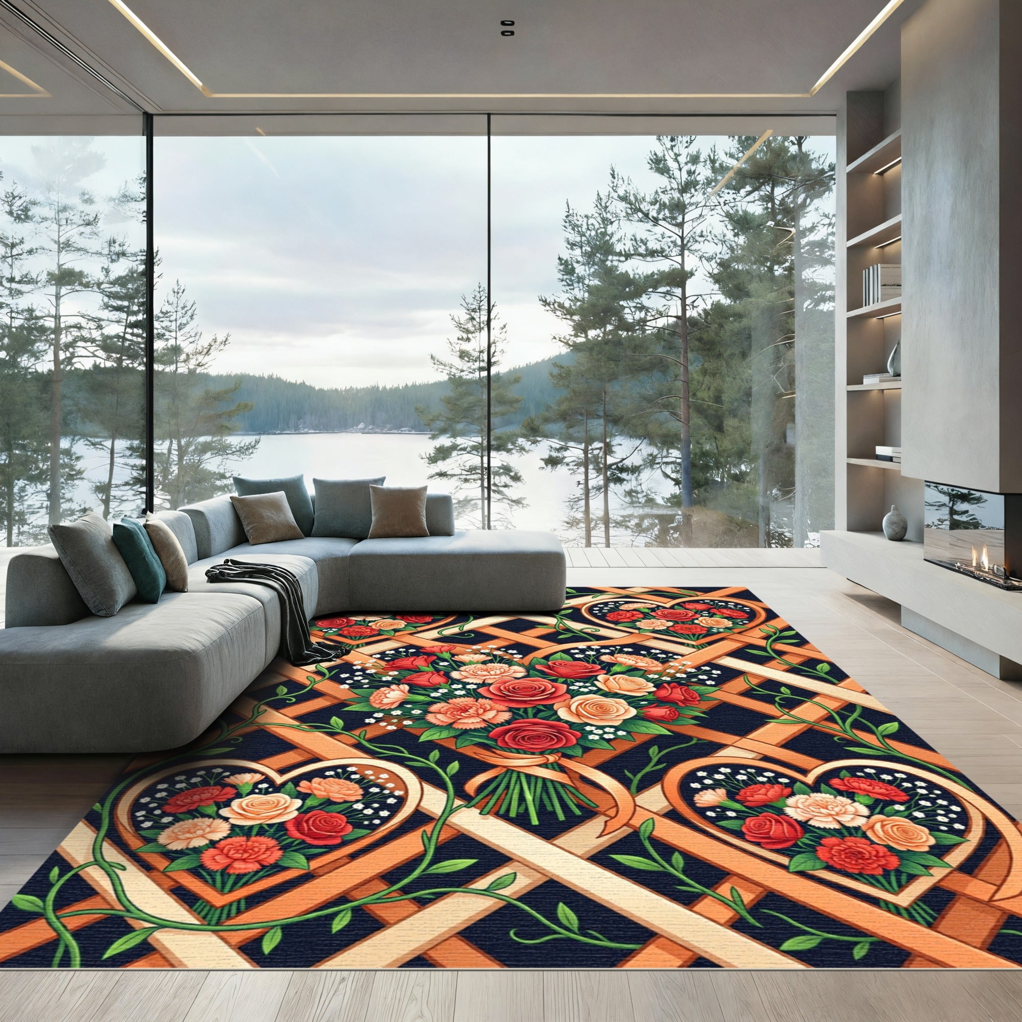 Floral Heart Lattice Bouquet Rug
