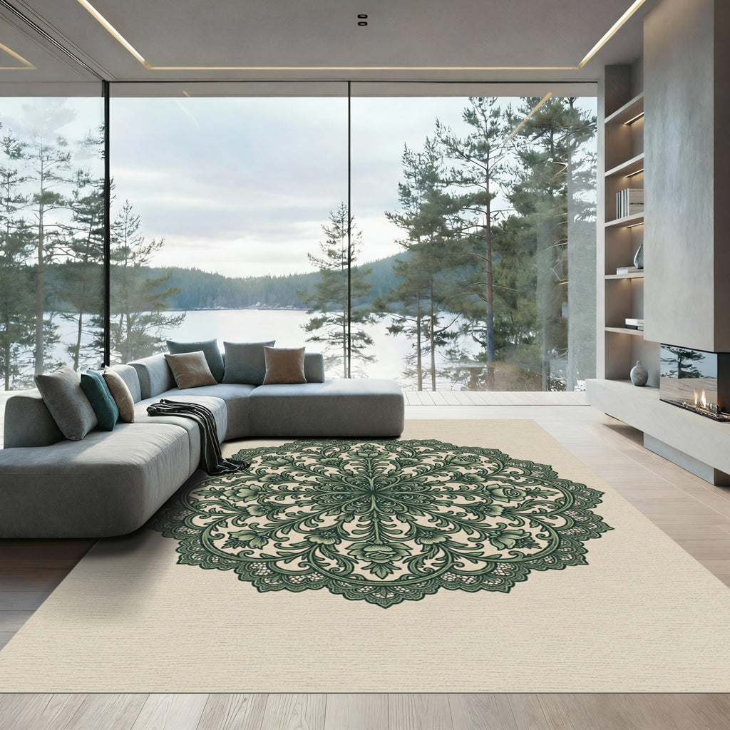 Elegant Forest Green Botanical Floral Medallion Rug