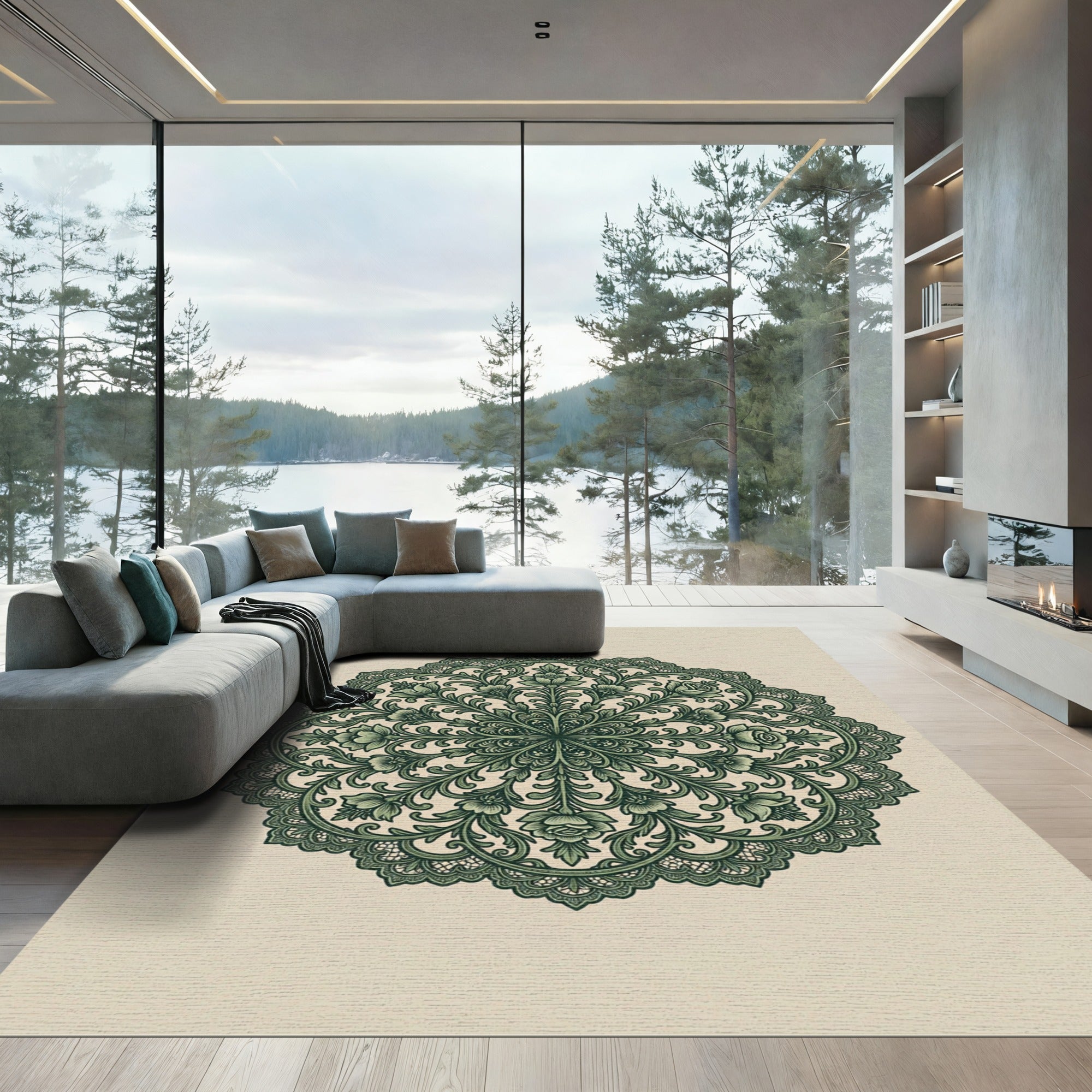 Elegant Forest Green Botanical Floral Medallion Rug