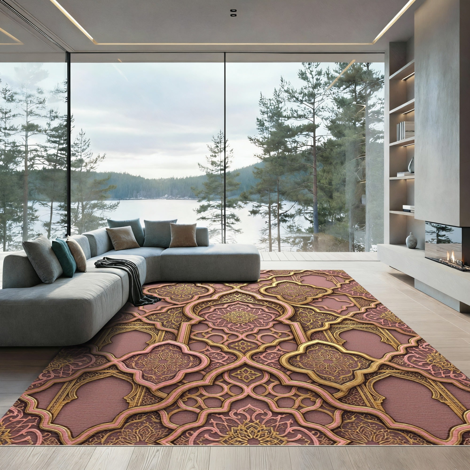 Elegant Gold Rose Ornate Lattice Rug