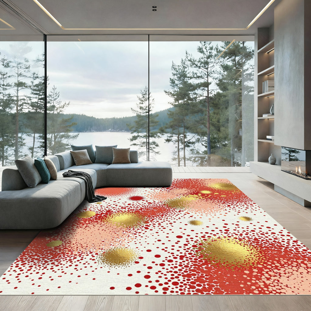 Abstract Crimson Dotted Gold Sphere Rug