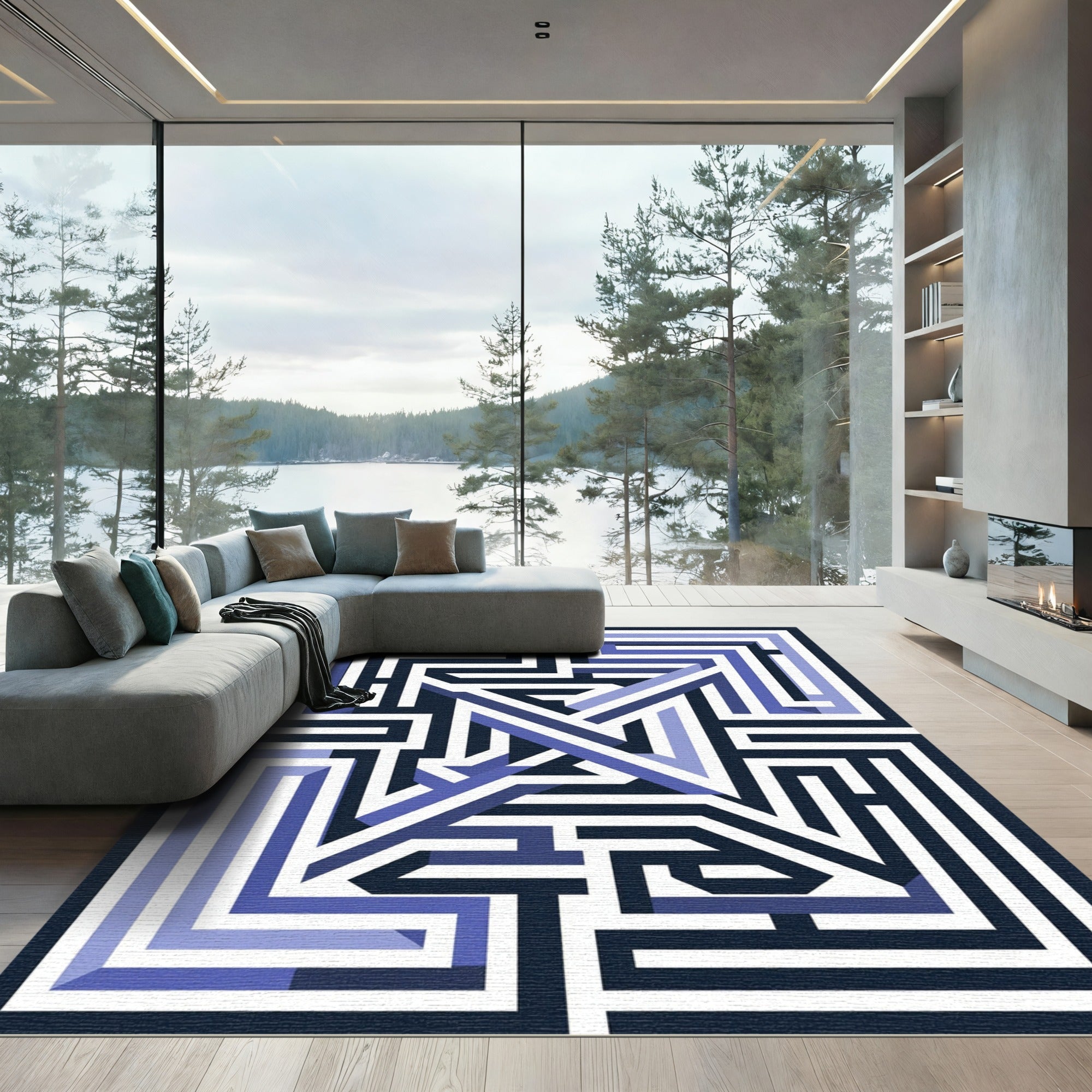Geometric Periwinkle Navy Interlocking Labyrinth Rug