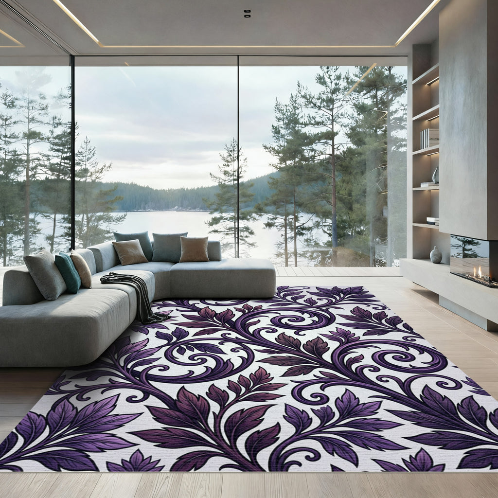 Deep Purple Leaf Swirl Accents Rug