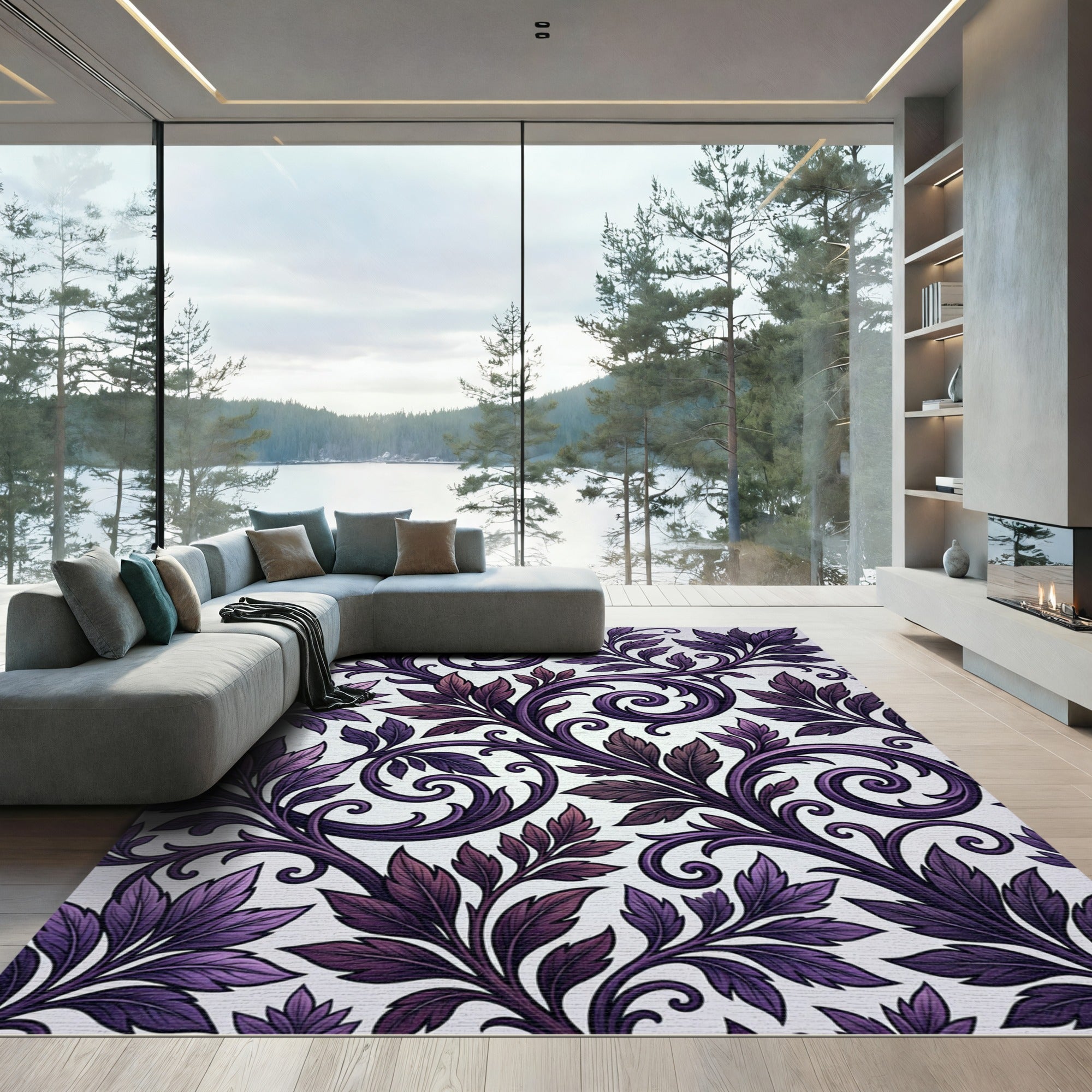 Deep Purple Leaf Swirl Accents Rug