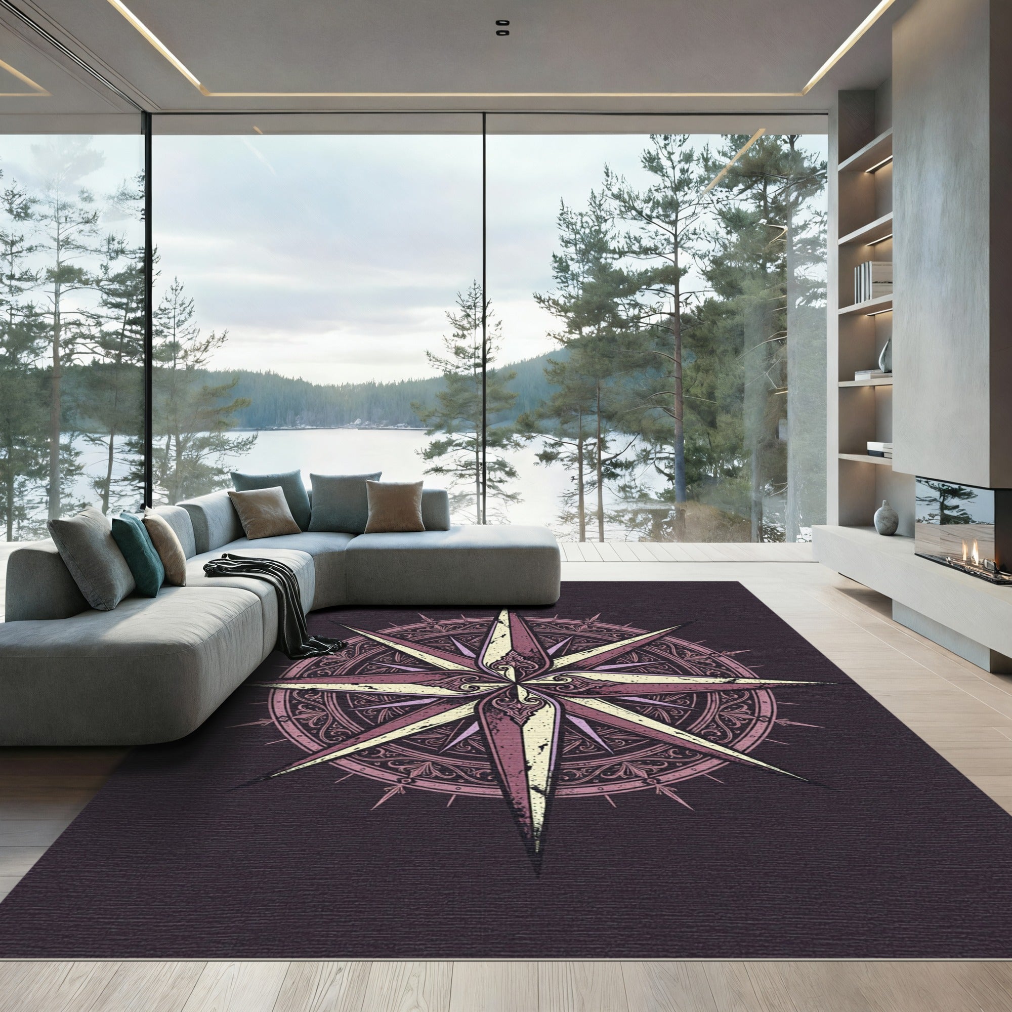 Ornate Dusty Rose Compass Star Rug