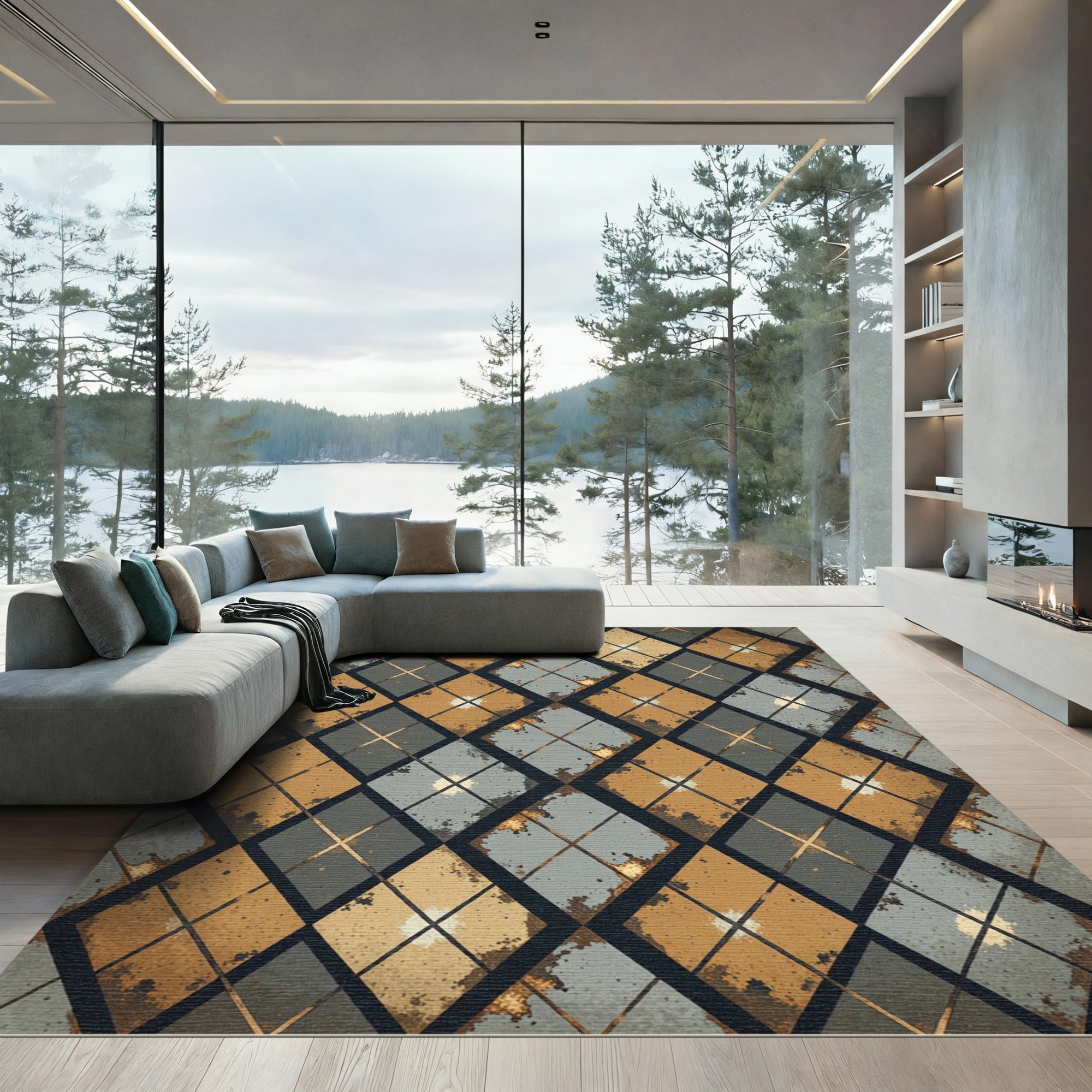 Gold Grey Diamond Argyle Texture Rug