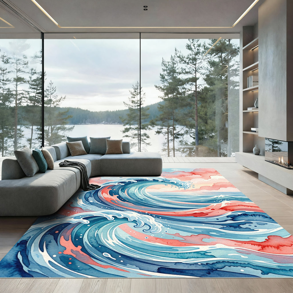 Watercolor Ocean Wave Sunset Serene Rug