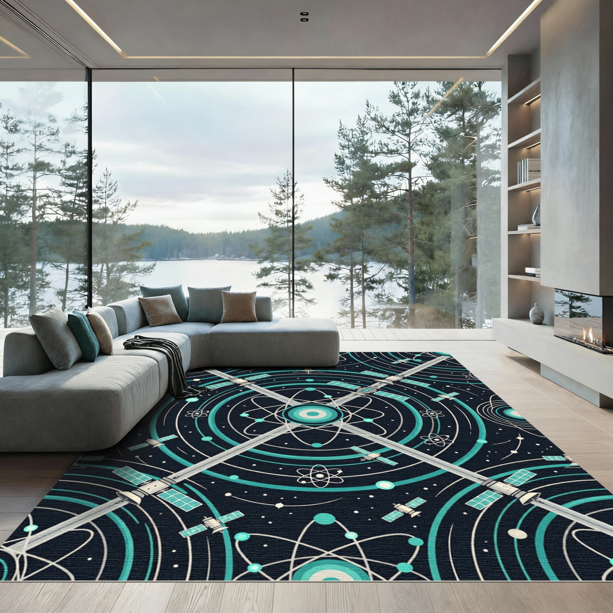 Cosmic Teal Satellite Orbit Rug